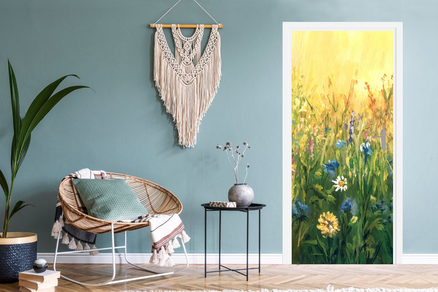 MuchoWow Türtapete Blumen - Aquarell - Sonne, Matt, bedruckt, (1 St), Selbstklebende Tapete, Folie für Möbel, 75x205 cm – Bild 4 von 5