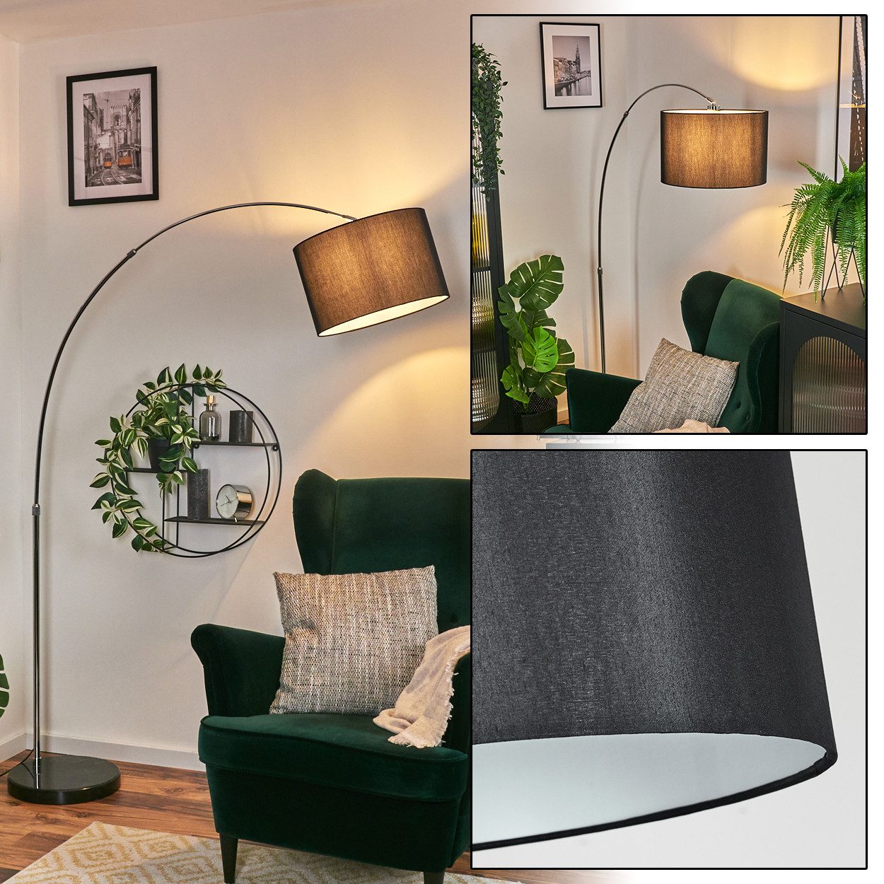 hofstein Bogenlampe Stehlampe mit Marmorfuß aus Metall/Stoff in Schwarz/Chromfarben/Weiß, verstellbare Stehleuchte im modernen Design mit Fußschalter, E27