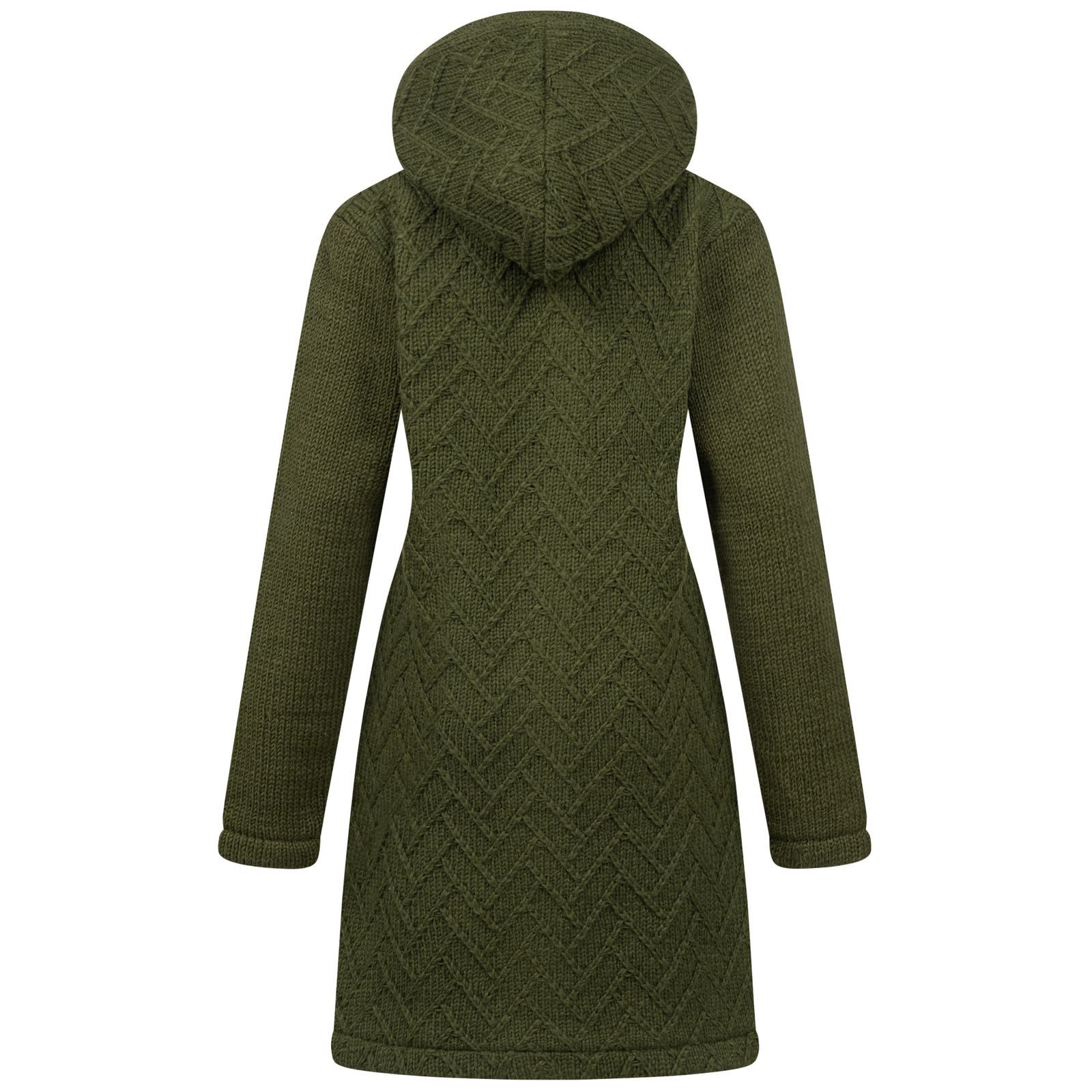 KUNST UND MAGIE Longstrickjacke Klassische Strickjacke Kurzmantel Wolle + Fleecefutter Kapuze Boho