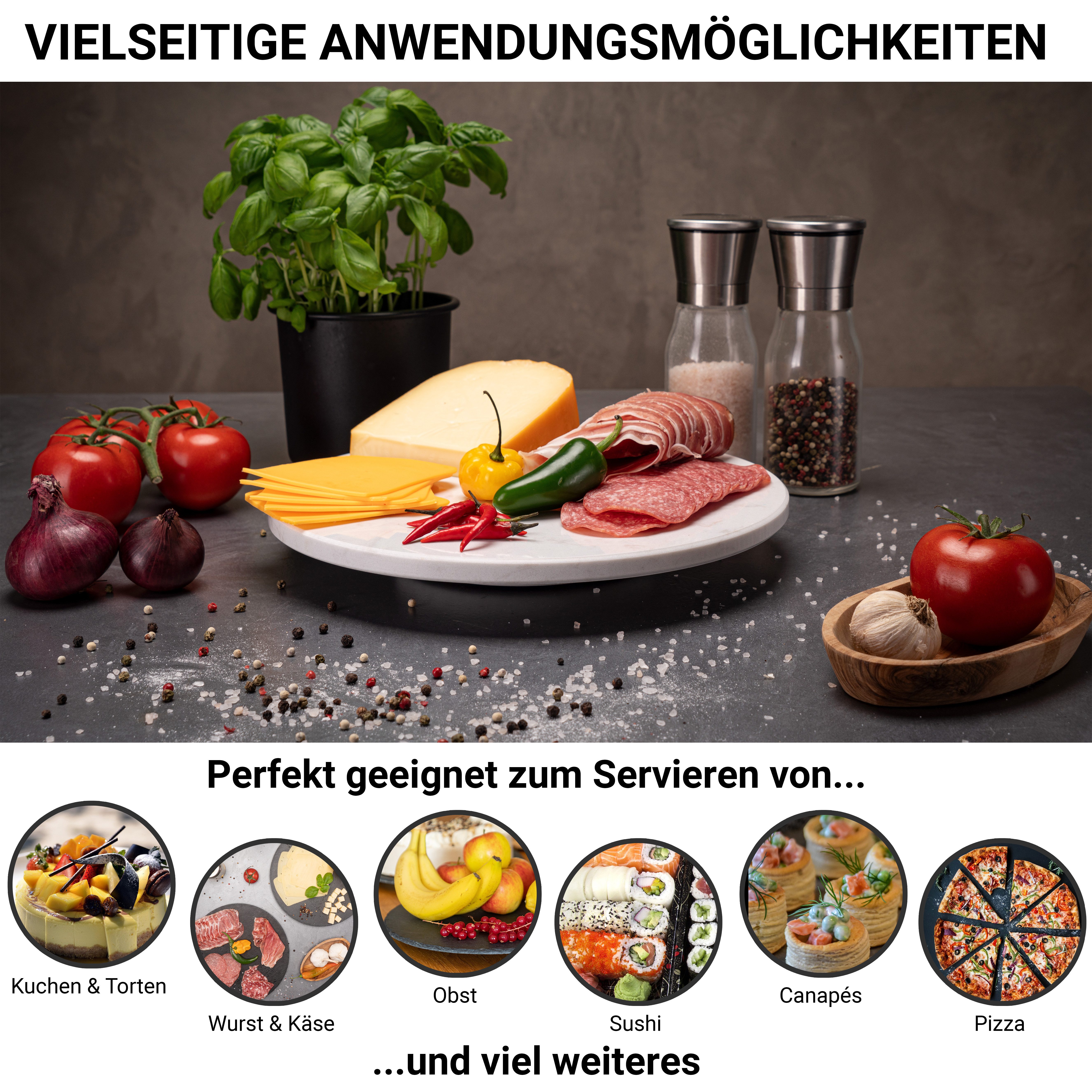 Fino Casa Tortenplatte Fino Casa drehbare Marmorplatte rund Kuchenplatte Wurstplatte, Marmor, (1x drehbare Marmorplatte rund Ø 30 cm), Etagere Lazy Susan Sushi-Platte Antipasti-Platte