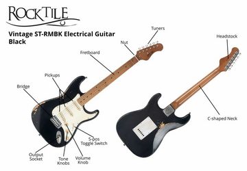 Rocktile E-Gitarre Vinstage ST-RMBK Schwarz - Relic-Gitarre in Aged-Style, 3x Single Coil Pickup