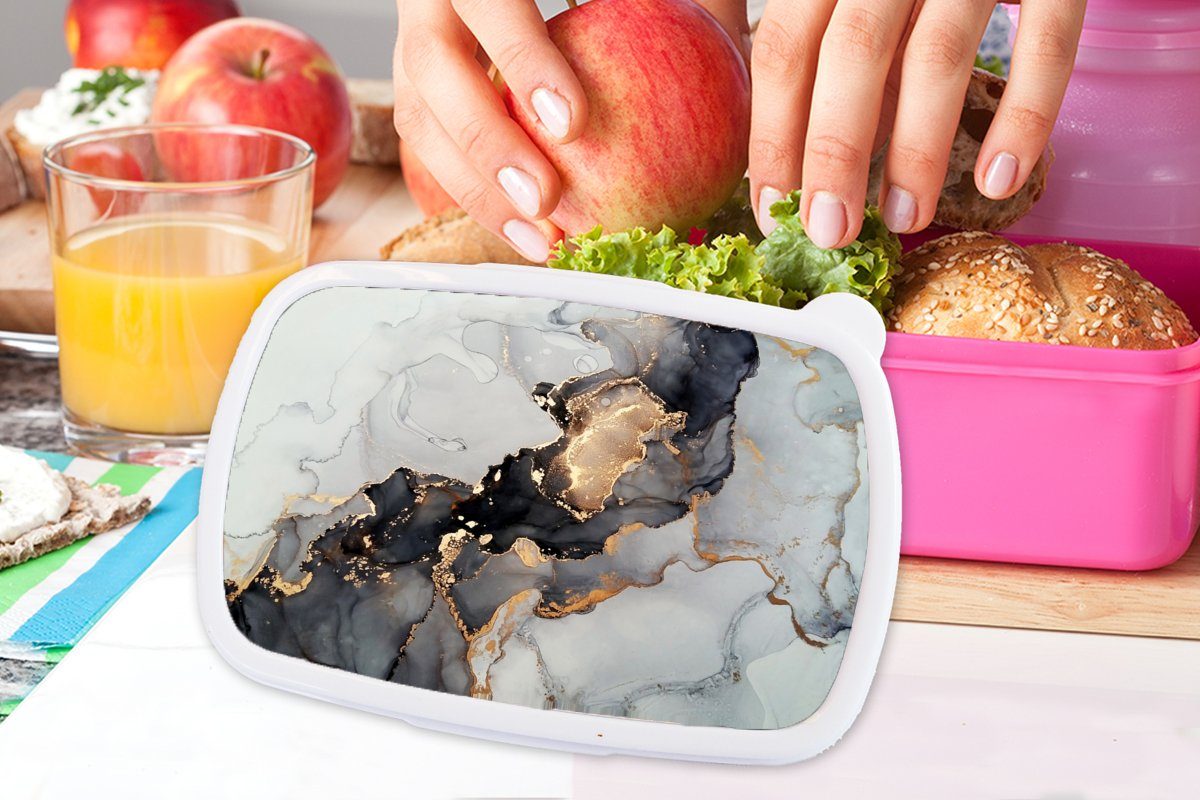 Schwarz Brotdose Kunststoff - rosa MuchoWow Marmor Brotbox für Lunchbox Snackbox, Kinder, - Gold, Erwachsene, - Mädchen, Luxus Kunststoff, (2-tlg),