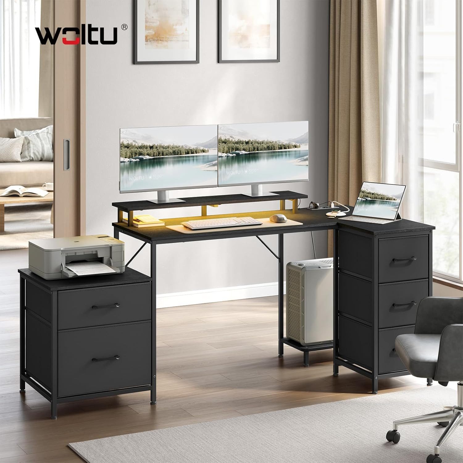 Woltu Eckschreibtisch, Schreibtisch L Form 180x80cm mit 5 Schubladen 2 Ablagen&Steckdosen LED