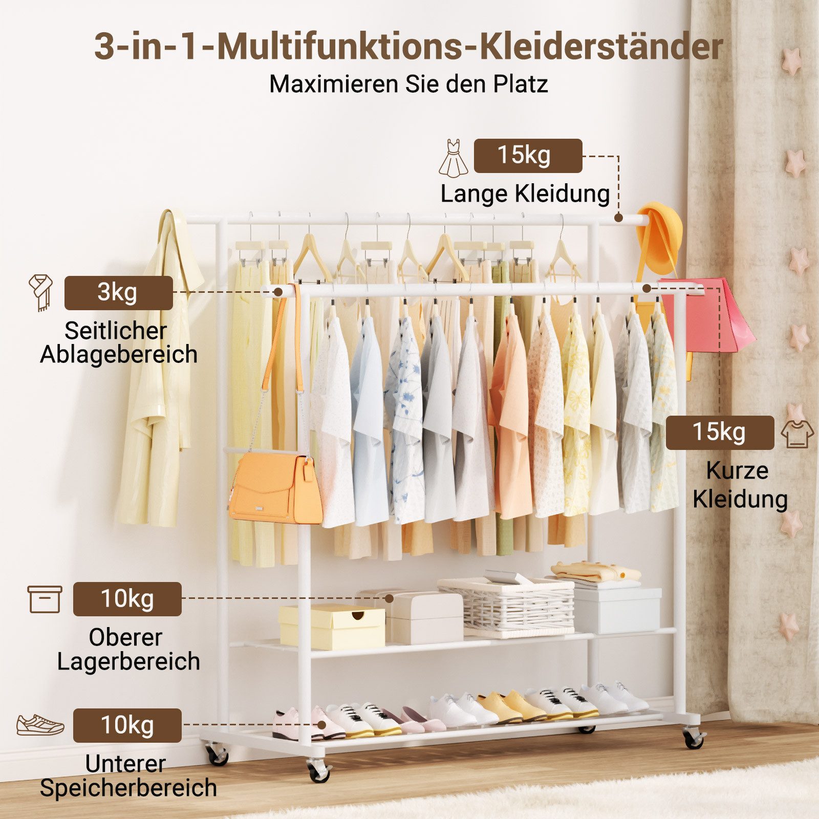 loefme Kleiderständer 2 Regale + 2 Stangen, (115×40×145cm, bis 53 kg belast günstig online kaufen