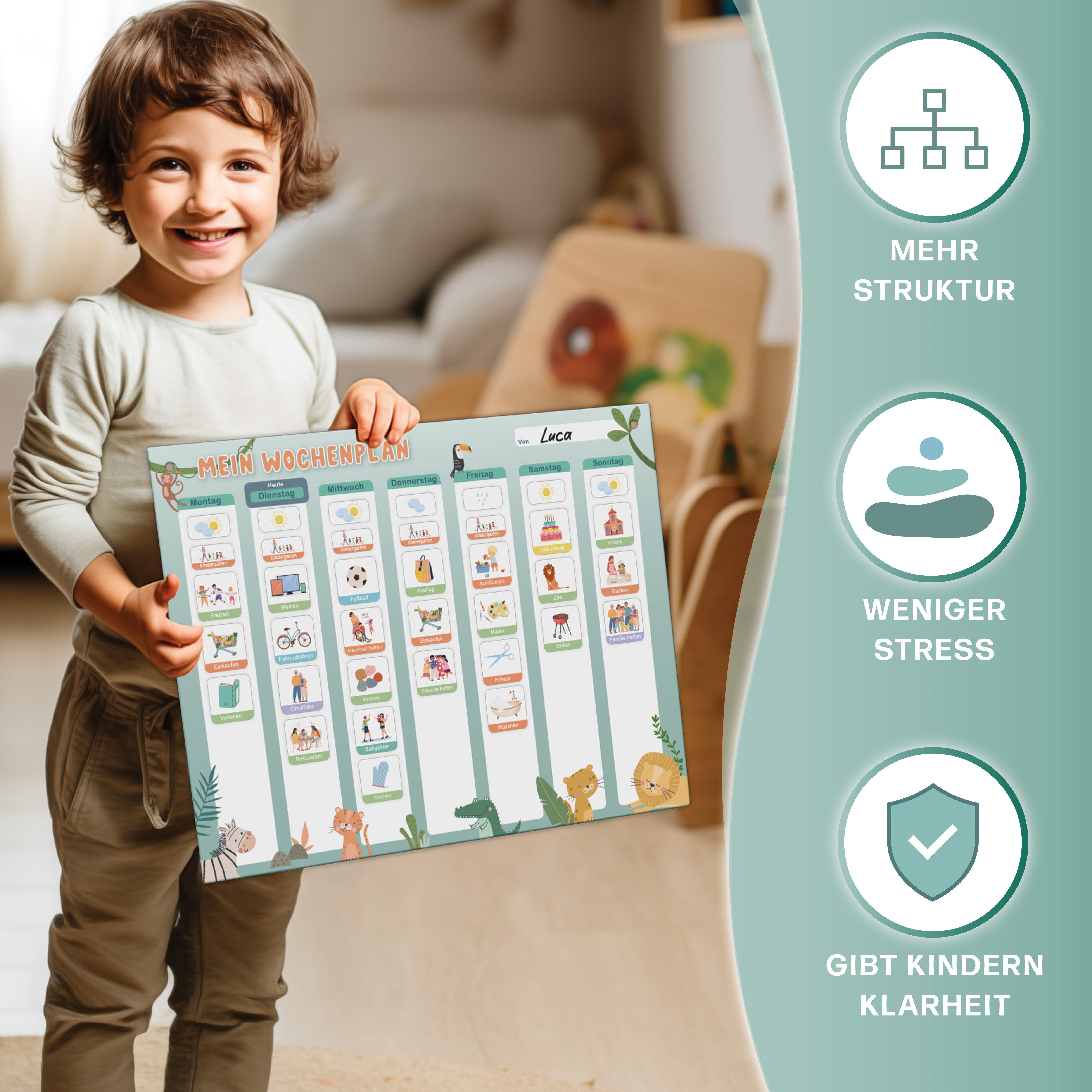 Mini Mindz Magnettafel Wochenplaner Kinder - Montessori Magnettafel mit 200 Magnete & Stift, Mit Kordel - Komplett beschreib- und abwischbar – Bild 5 von 5