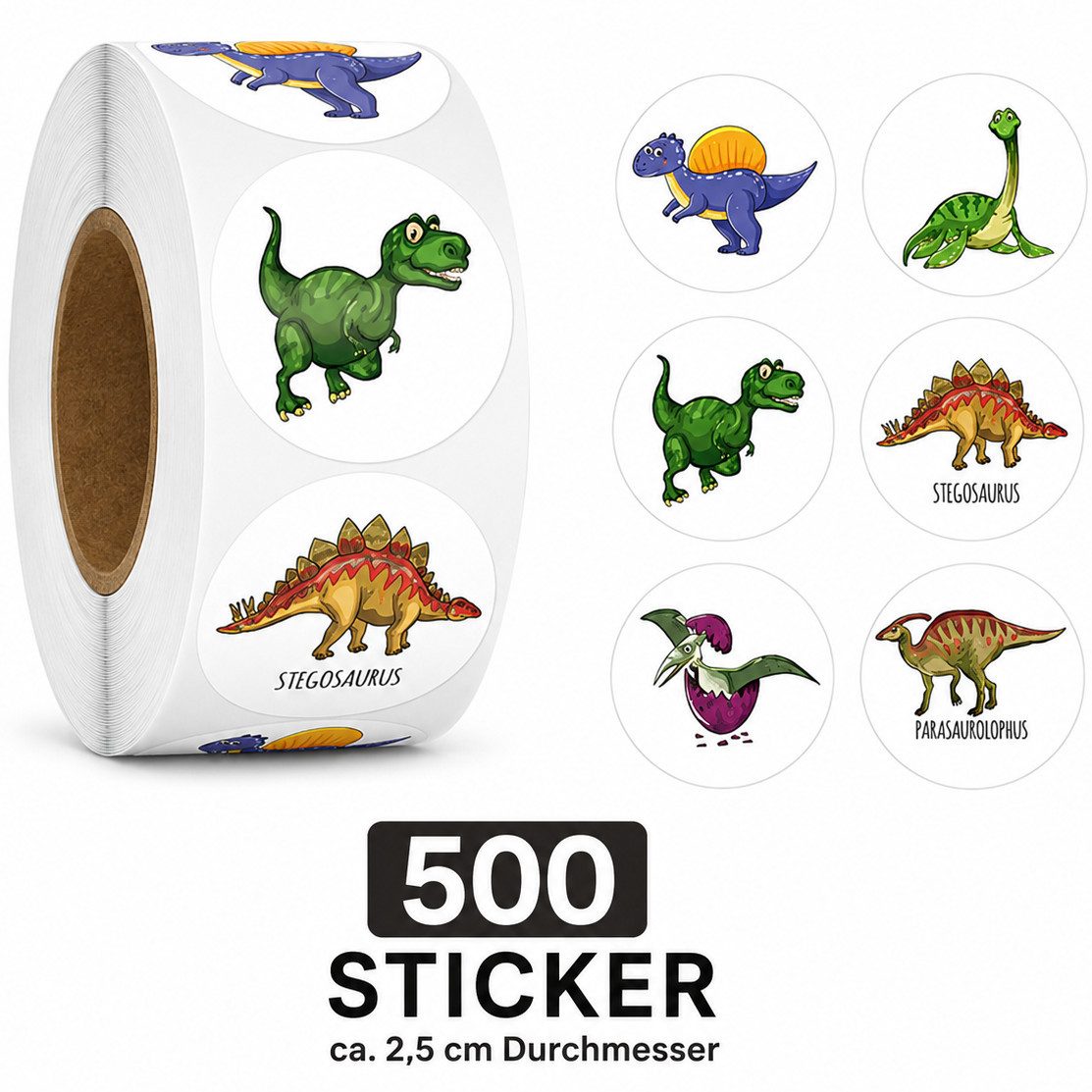 Ware aus aller Welt Sticker 500 Dino Sticker Ø 2,5 cm – Kinder Aufkleber auf Rolle selbstklebend, (500-tlg)