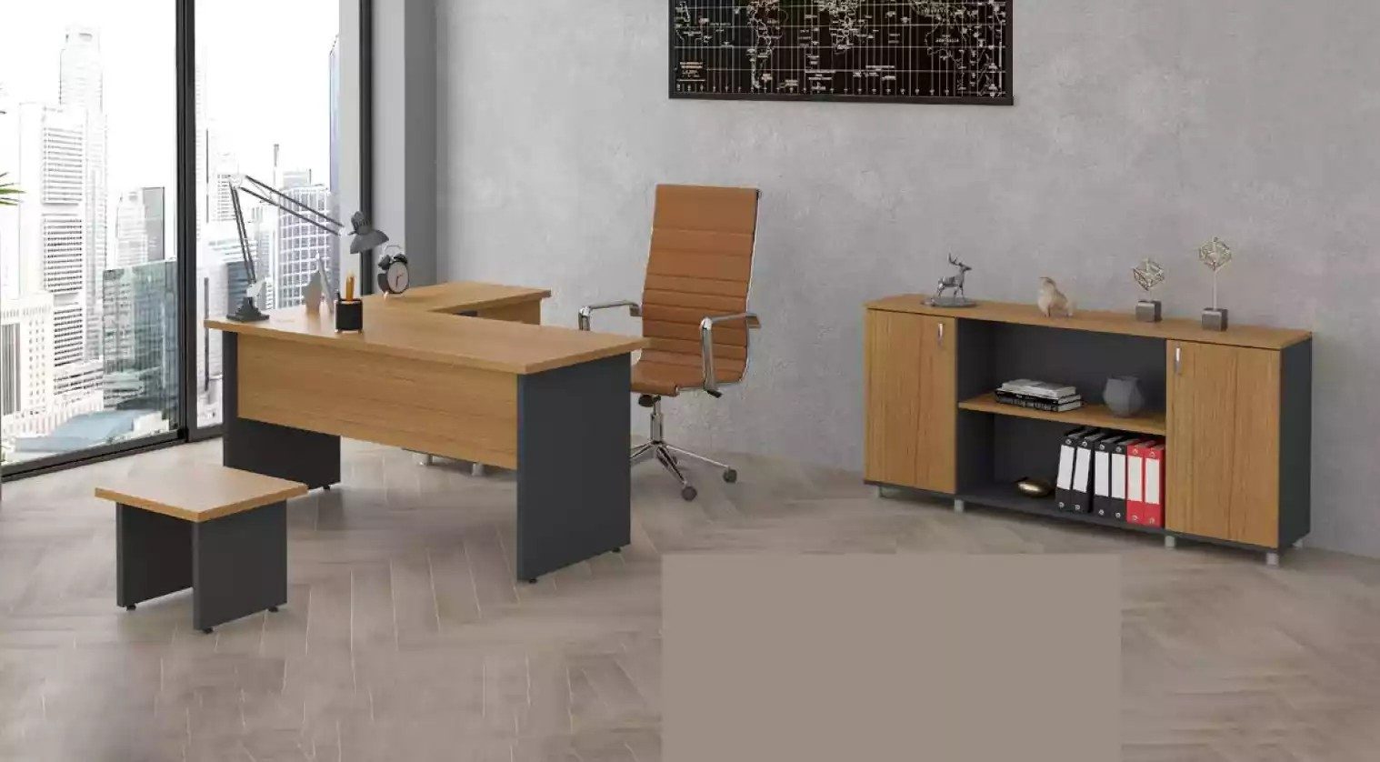 JVmoebel Büromöbel-Set Schreibtisch aus Holz mit Stauraum in Schwarz, (3-tlg., Eckschreibtisch, Couchtisch, Schrank), Made in Europa