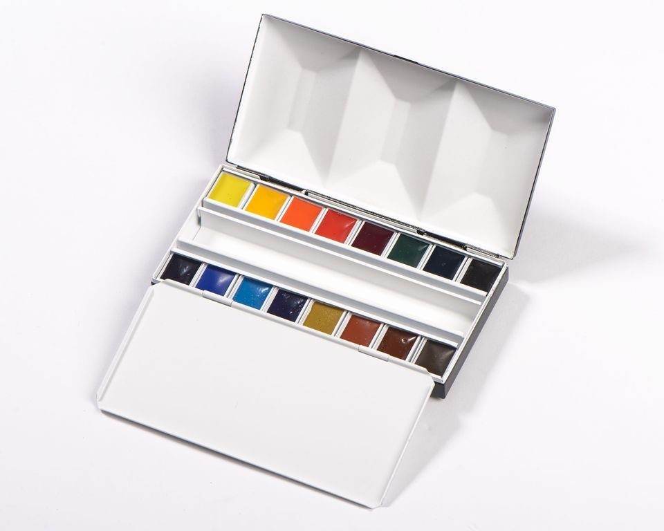 Honsell Aquarellfarbe BlockX Aquarell emaillierter Metallkasten 16x1/2 Näpfchen, Hochpigmentierte wasserbasierte Künstlerfarben