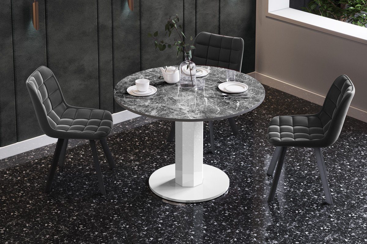 designimpex Esstisch Design Esstisch Tisch HES-111 rund oval Hochglanz ausziehbar 100-148cm Marmor dunkel Hochglanz - Weiß Hochglanz