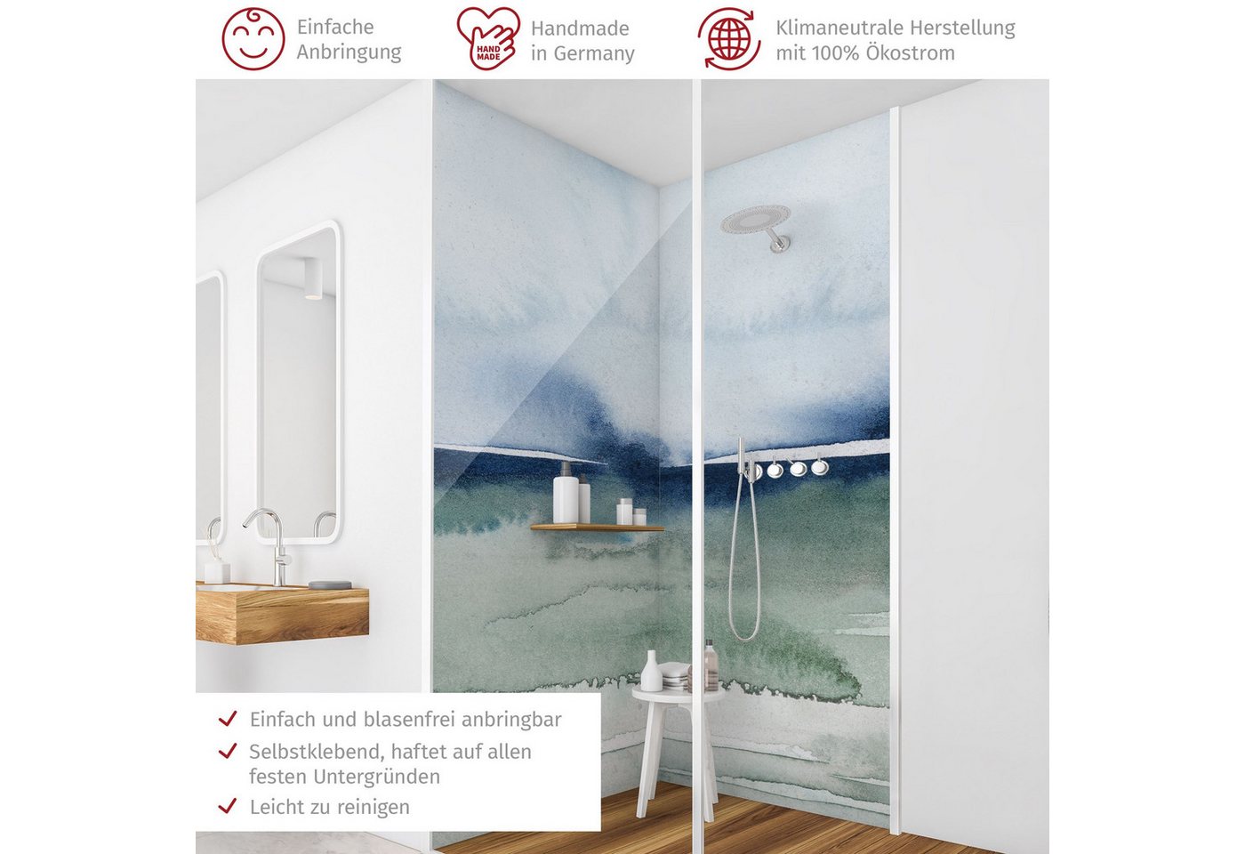 Thumbnail - Bilderdepot24 Badrückwand Strand blau Duschrückwand ohne Bohren Aquarell Natur Meere, (2-tlg., Hart-Folie Premium matt 0...