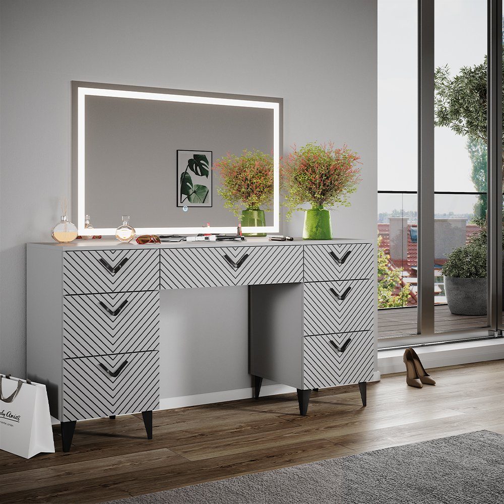 Schminktisch Anett, Grau, 150 cm mit LED-Spiegel