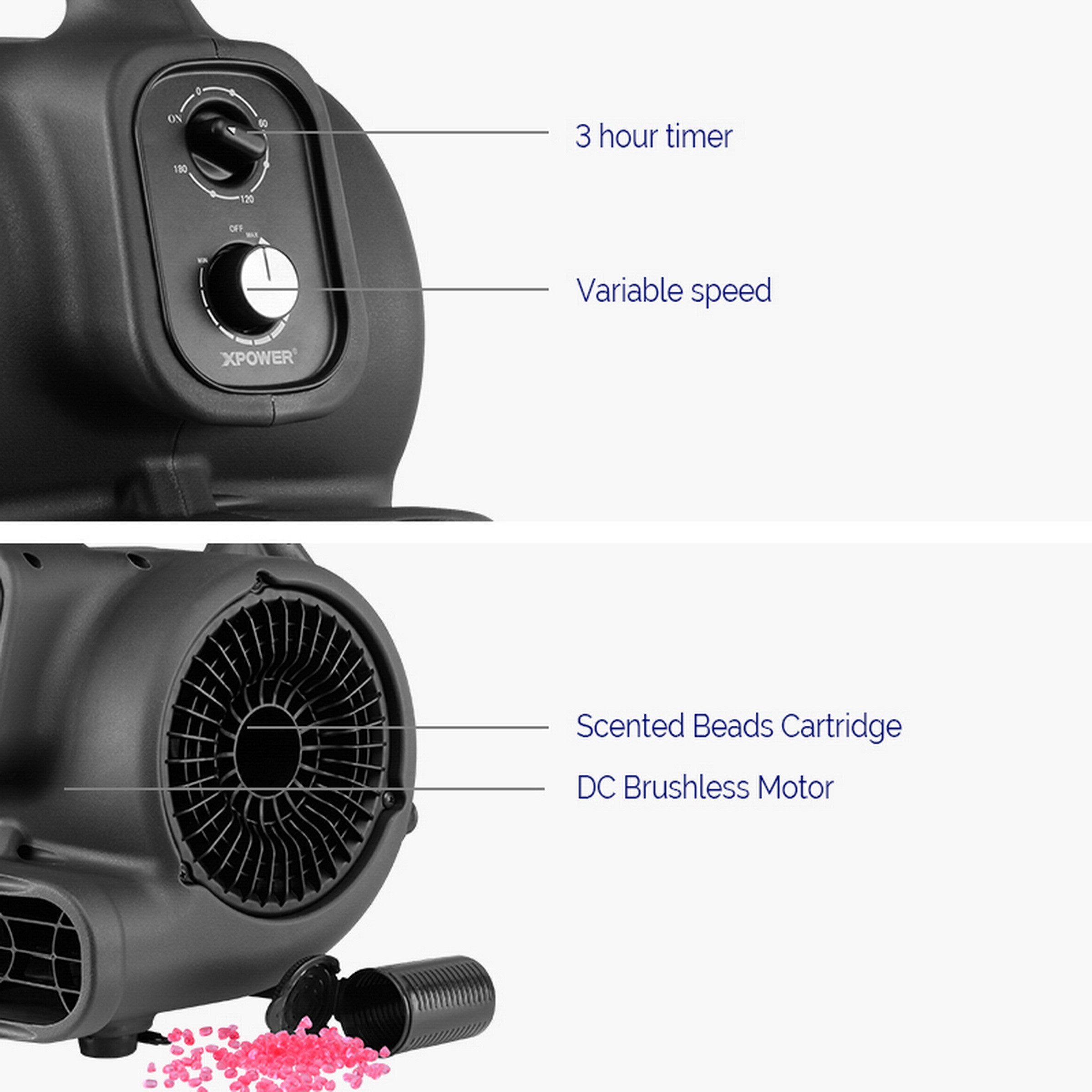XPOWER Bodenventilator P-250DT Aromatherapie-Luftzirkulator Gebläse Slipper Getriebe 3H-Timer, Gleichstrom-bürstenloser Motor, Gangschaltung, 8Oz Aromaperlen