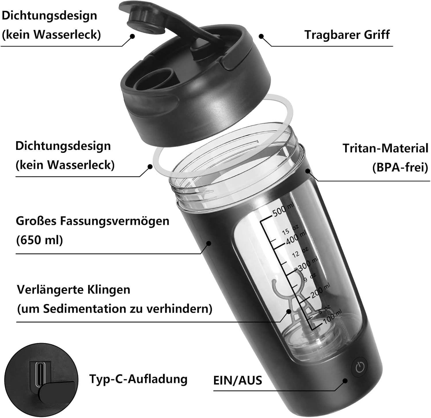 Vashoy Elektrischer Shaker 650 ML Elektrischer Shaker mit Pulverfach, BPA-freier, USB-C aufladbar, 7,4 W, Eiweiß Shaker Elektrisch für Potein Pulver und Milchshake
