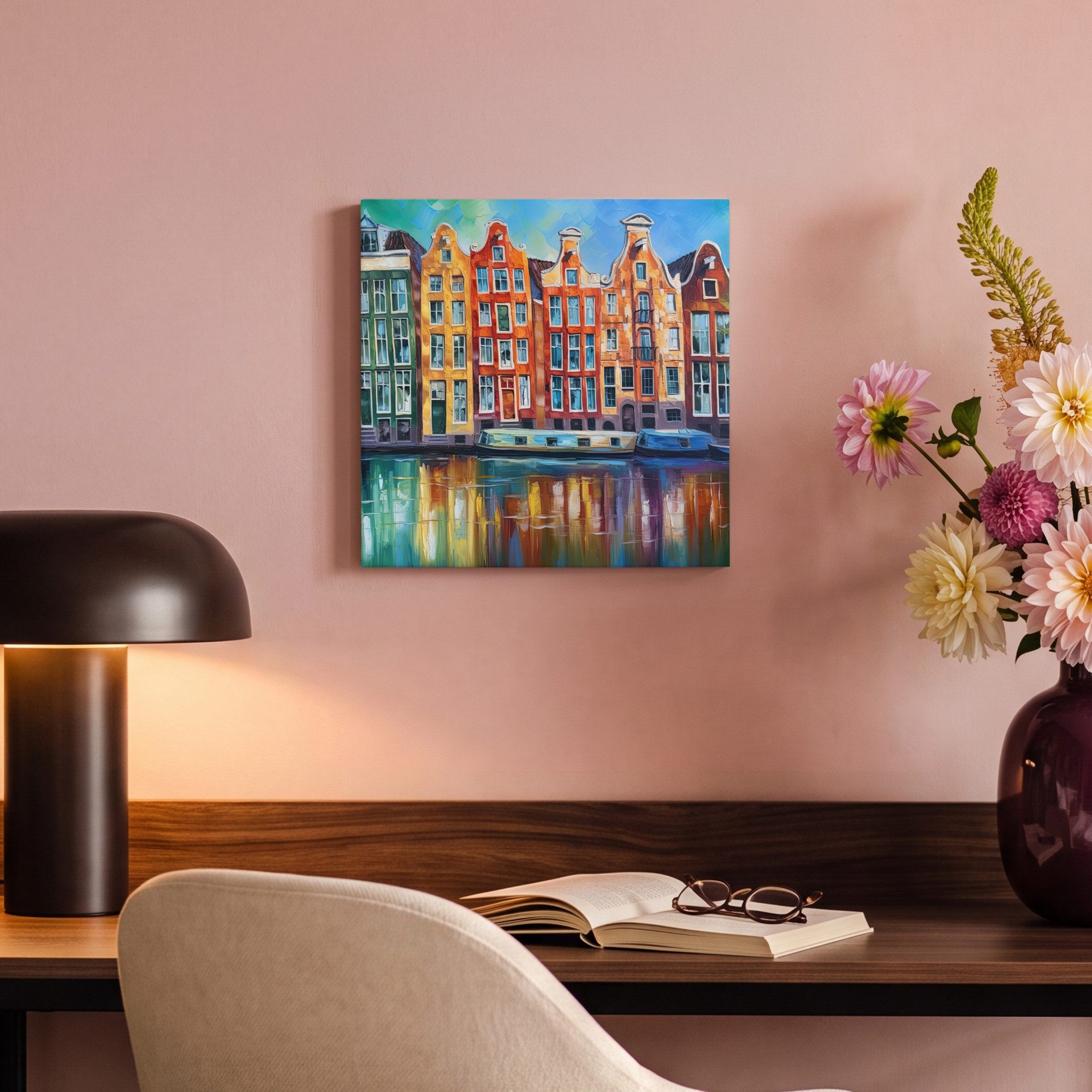 OneMillionCanvasses® Leinwandbild Amsterdam - Ölfarbenoptik - Gracht - Kunstdrucke - Kunst, Fotodruck (1 St), Wandbild, Deko Schlafzimmer Wohnzimmer Flur 20x20  – Bild 4 von 5