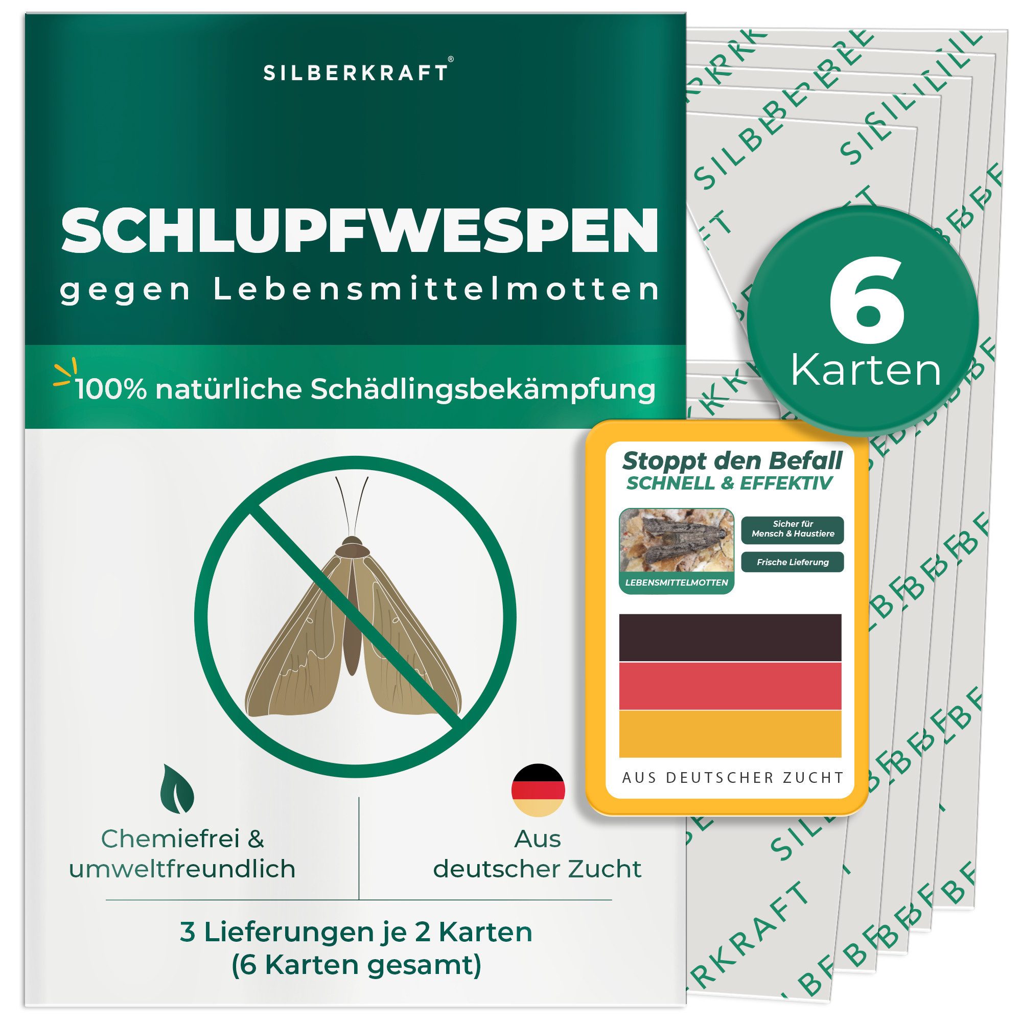 Silberkraft Insektenvernichter Silberkraft Schlupfwespen gegen Lebensmittelmotten, Mottenbekämpfung, 3 Lieferungen je 2 Karten (6 Karten gesamt) über 9 Wochen – Bild 2 von 5