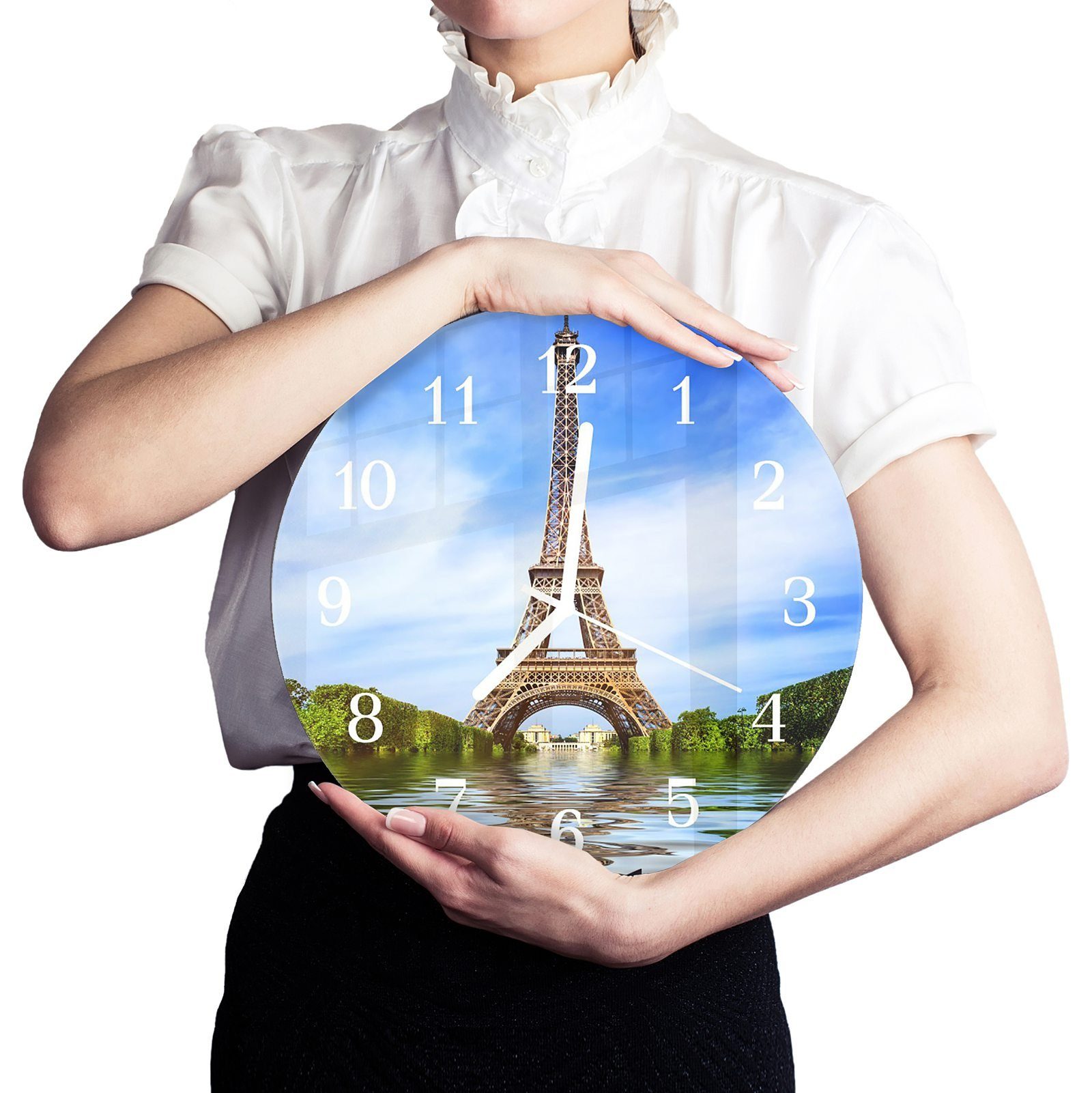 mit Durchmesser - cm Primedeco aus Glas 30 Wanduhr Wanduhr mit Rund Quarzuhrwerk und im Motiv Sommer Paris