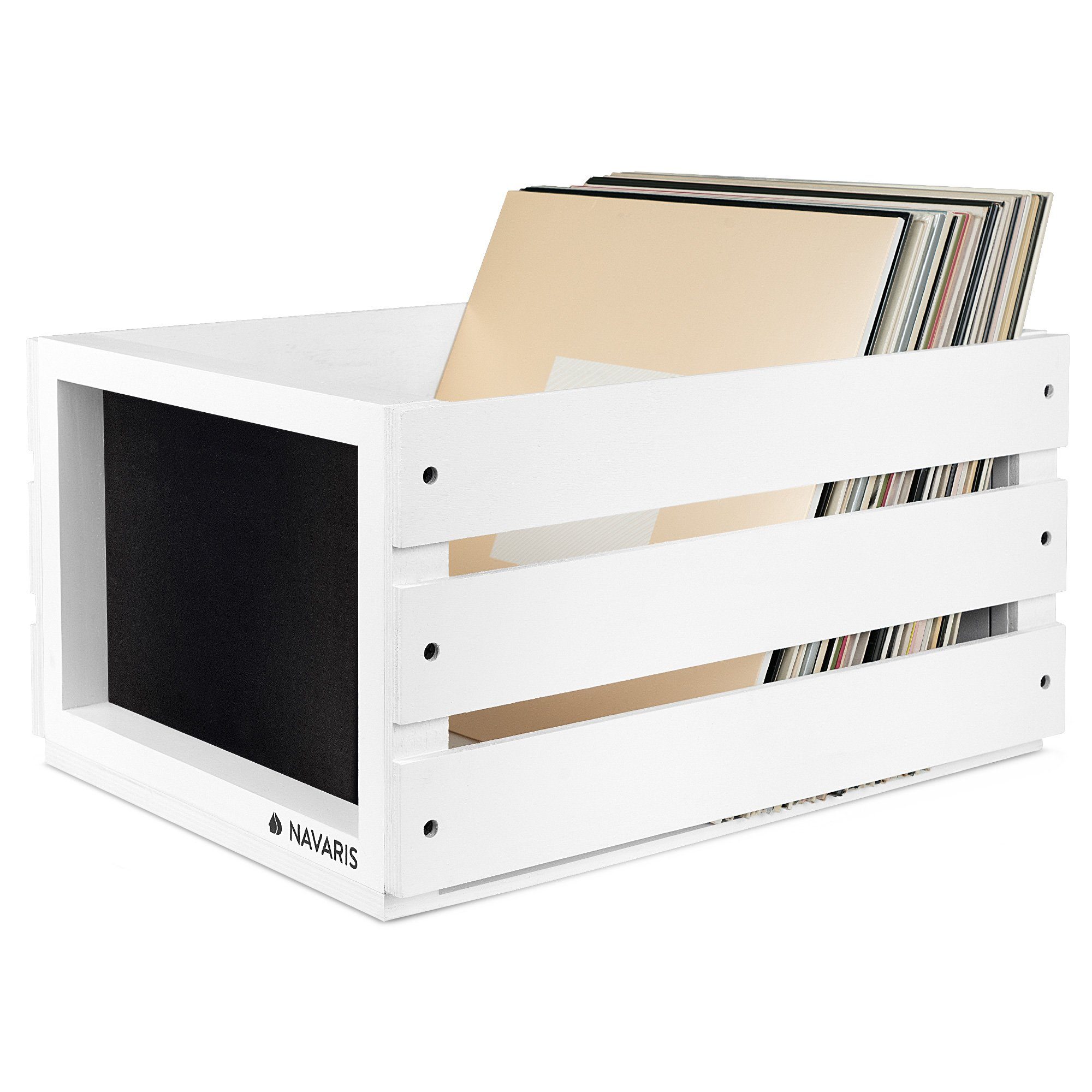 Navaris Transportbehälter Holz Schallplatten Kiste Kreidetafel 42,9x34,4x22,9cm bis 80 LP Weiß, (1-St)