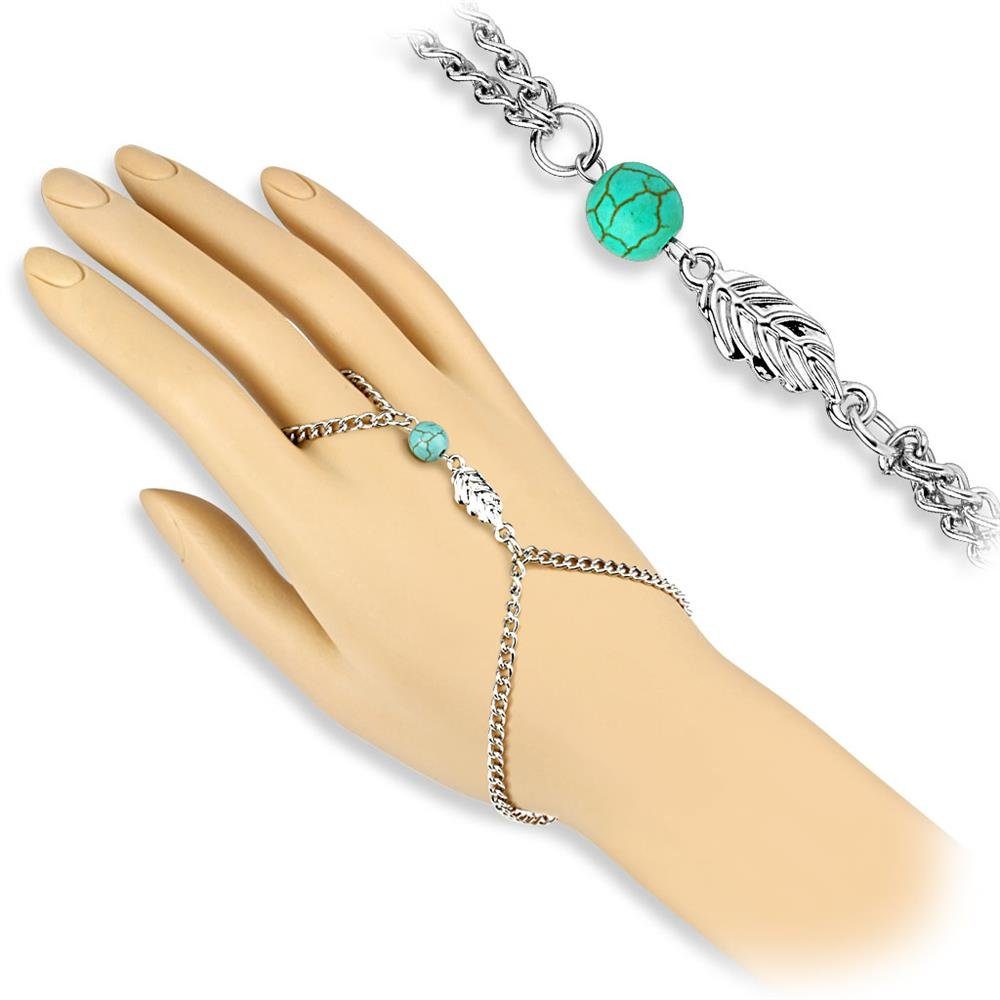 BUNGSA Bauchketten und Fußketten Set Handkette Blättercharm Silber aus Messing Damen (1-tlg), Fingerkette Damen