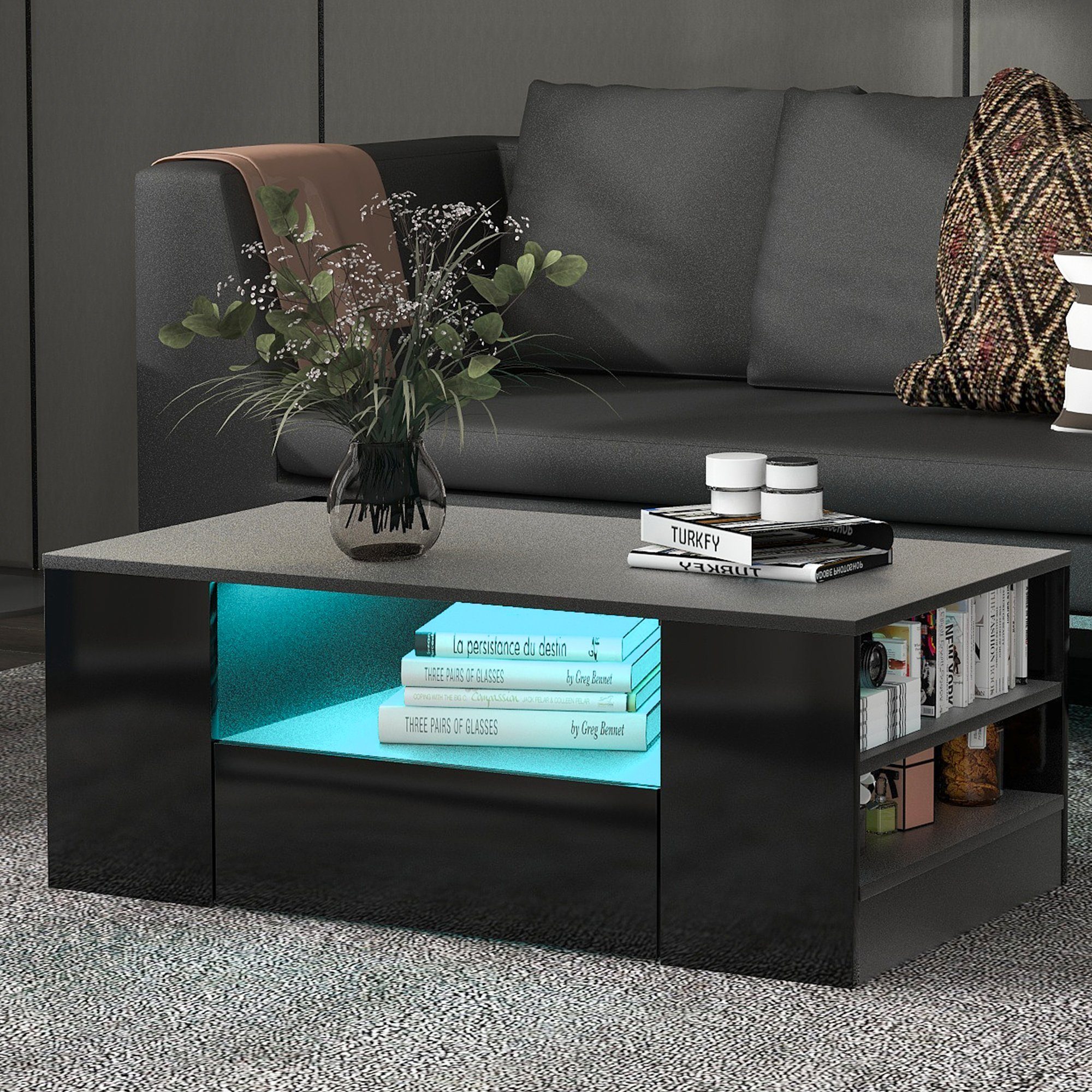 Sweiko Couchtisch (Wohnzimmertisch mit LED-Beleuchtung, inkl. Fernbedienung), hochglanz Beistelltisch mit 4 Ablage und 2 Schubladen, 95 x 53 x 37cm Schwarz