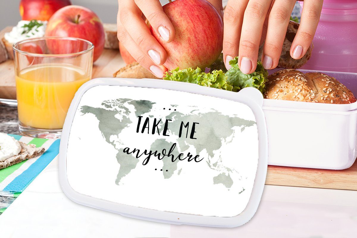 Weltkarte Zitat Lunchbox Jungs für Anywhere, Brotbox für Kinder Kunststoff, und Me und - Brotdose, (2-tlg), MuchoWow Erwachsene, weiß - Take Mädchen