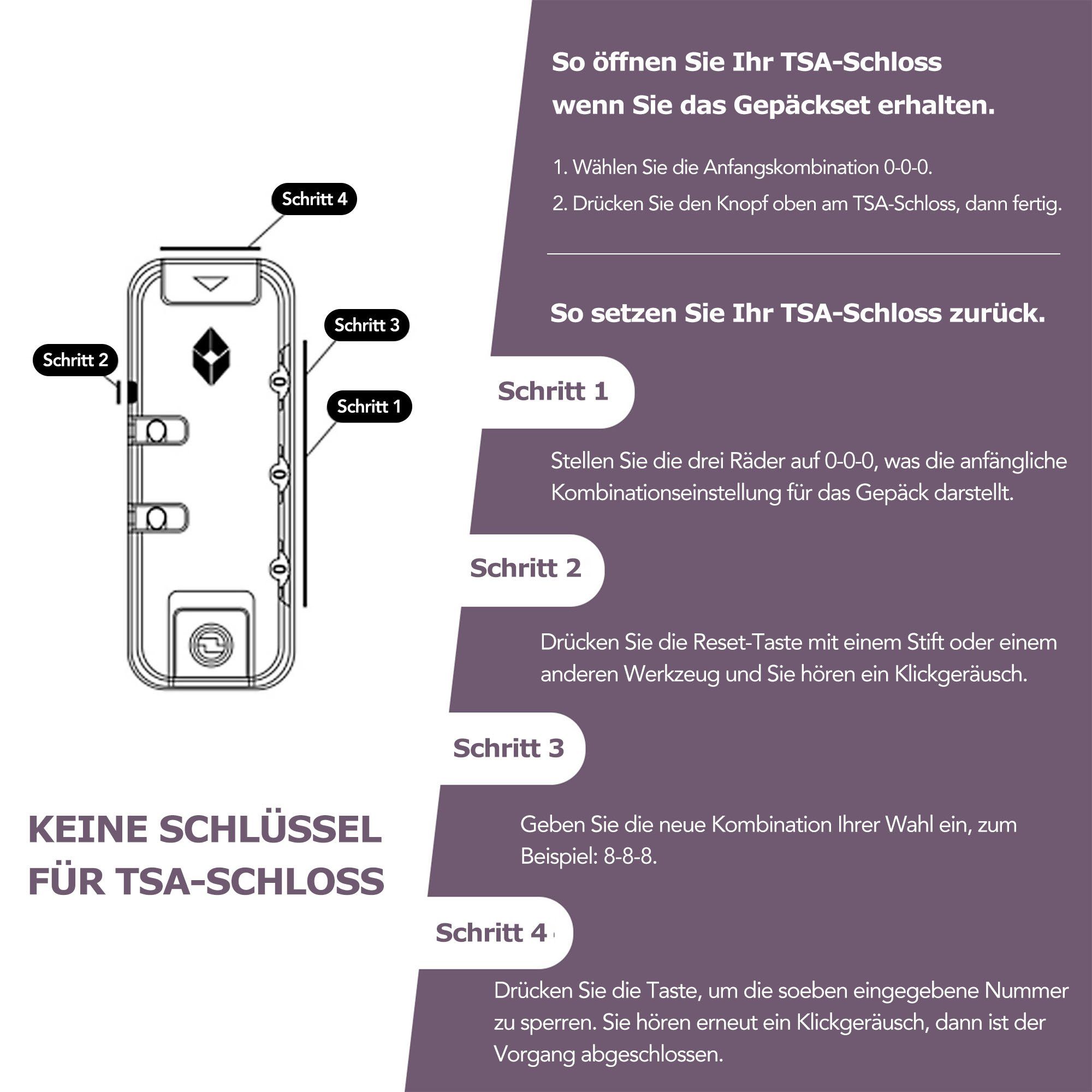 Handgepäckkoffer 4 3 Trolleyset, (Set, Hartschalentrolley Dunkellila Flieks Rollen, tlg), Schiebehakenfüße mit Kofferset