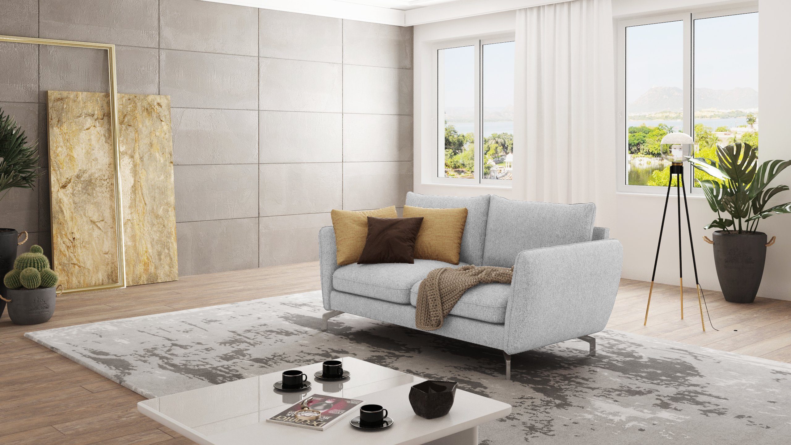 Modernes Benita 2-Sitzer S-Style Möbel mit Wellenfederung Silber Sofa Metall mit Füßen,