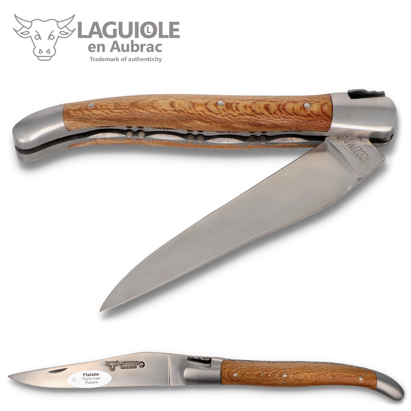 Laguiole en Aubrac Taschenmesser L0712PYNIF-SAT, Griff 12cm Platane - Feder verziert - Doppelplatine - Stahl satiniert