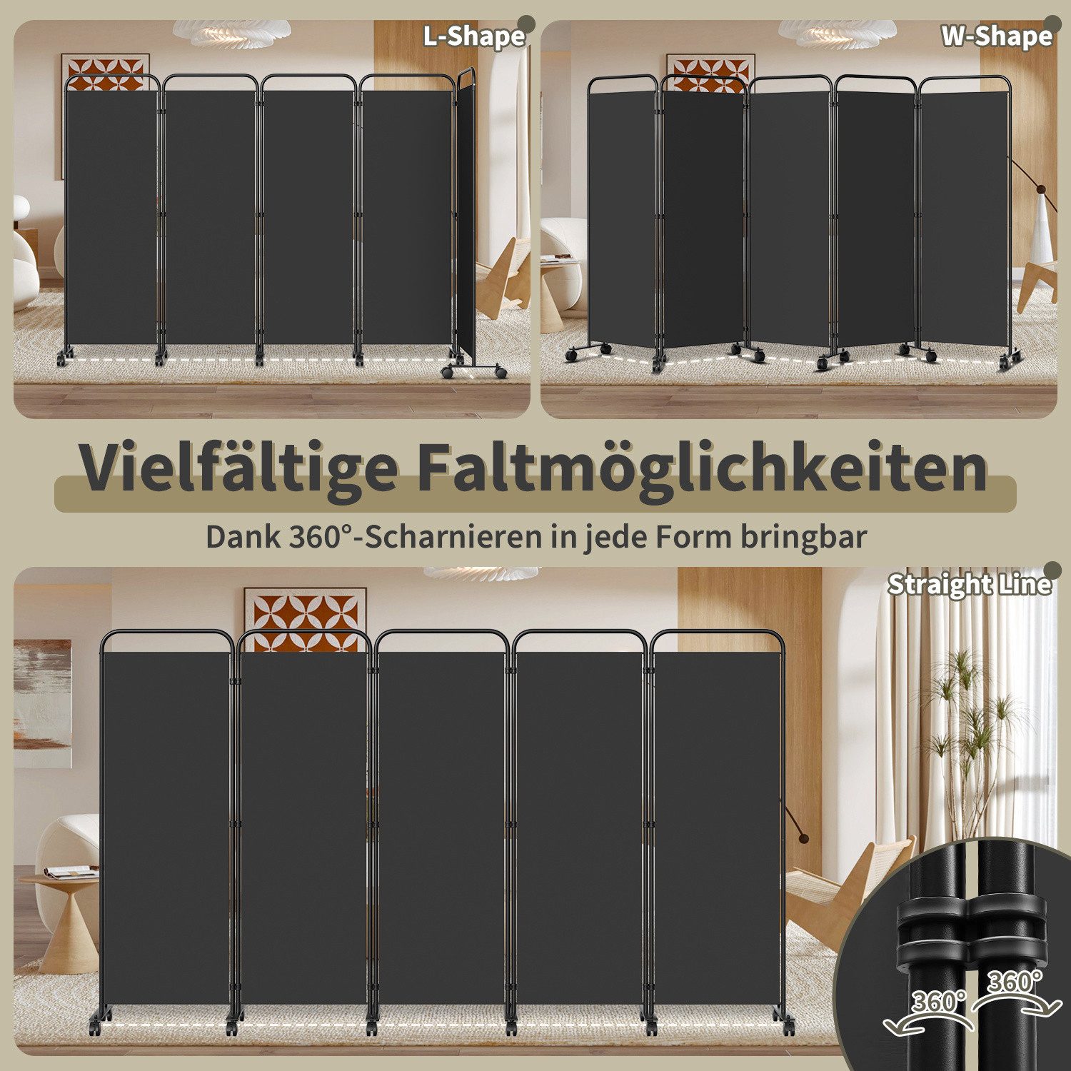 Clanmacy Paravent Trennwand auf Rollen Sichtschutz Raumteiler Klappbar Outdoor Garten – Bild 4 von 5