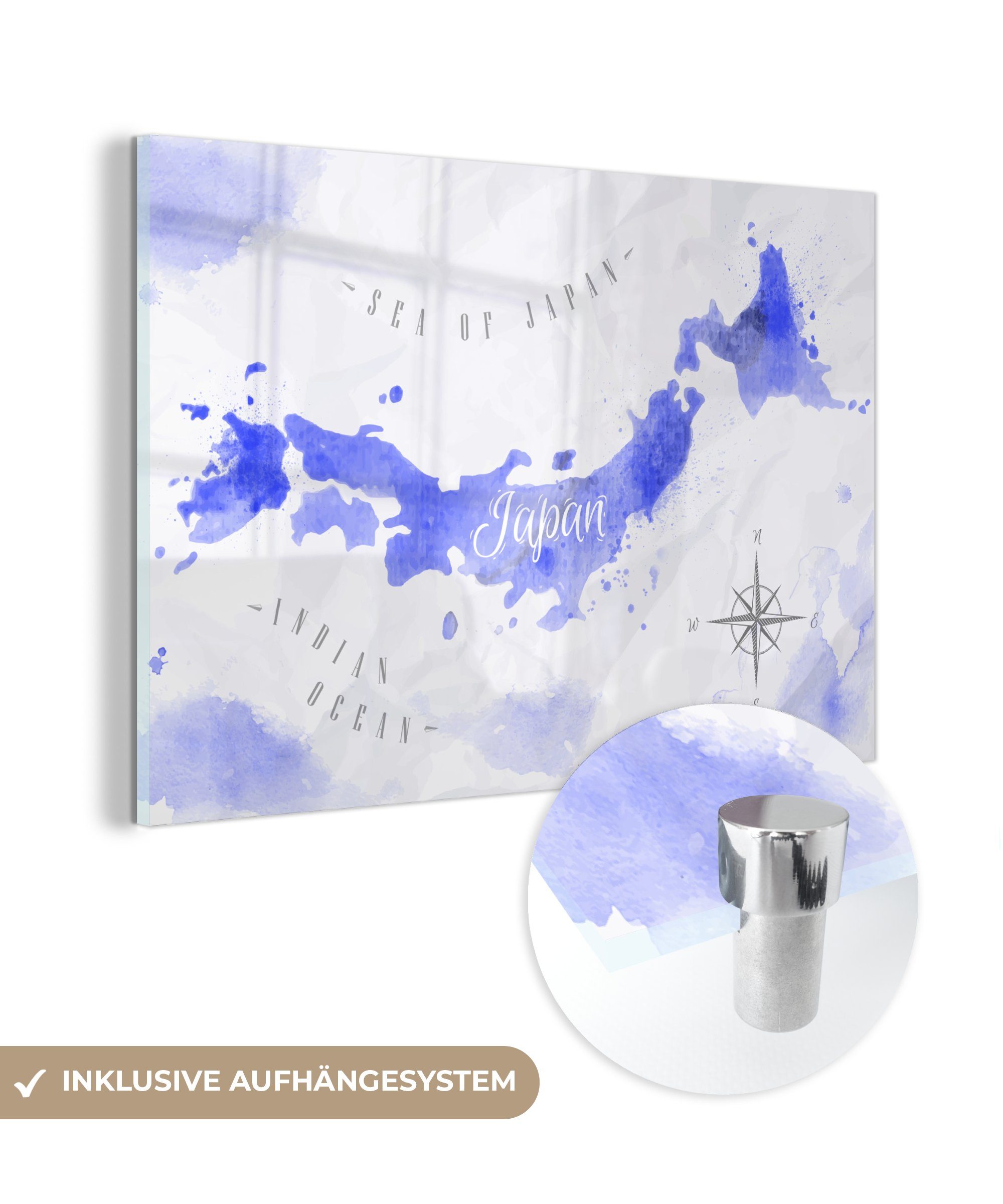 - - auf MuchoWow Acrylglasbild - Weltkarte Aquarell - Glasbilder Wanddekoration Bilder Blau, Glas St), auf - Glas Foto (1 Wandbild