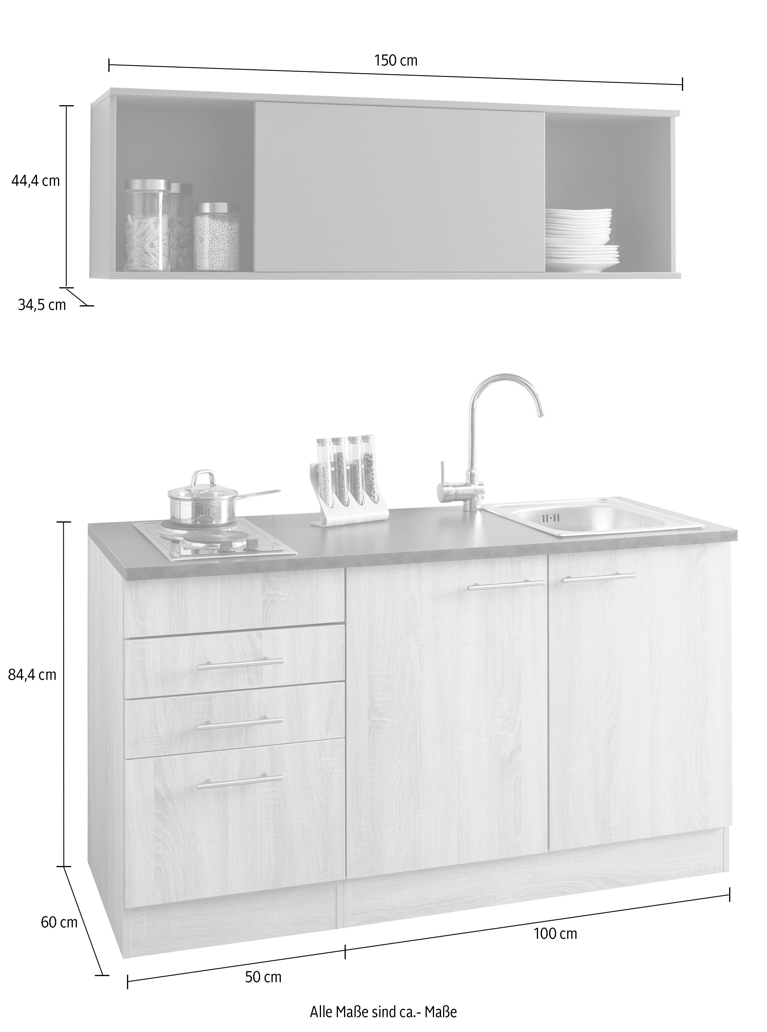 Mini, weiß OPTIFIT weiß/blau/anthrazit | 150 Küchenzeile mit E-Geräten, cm Breite