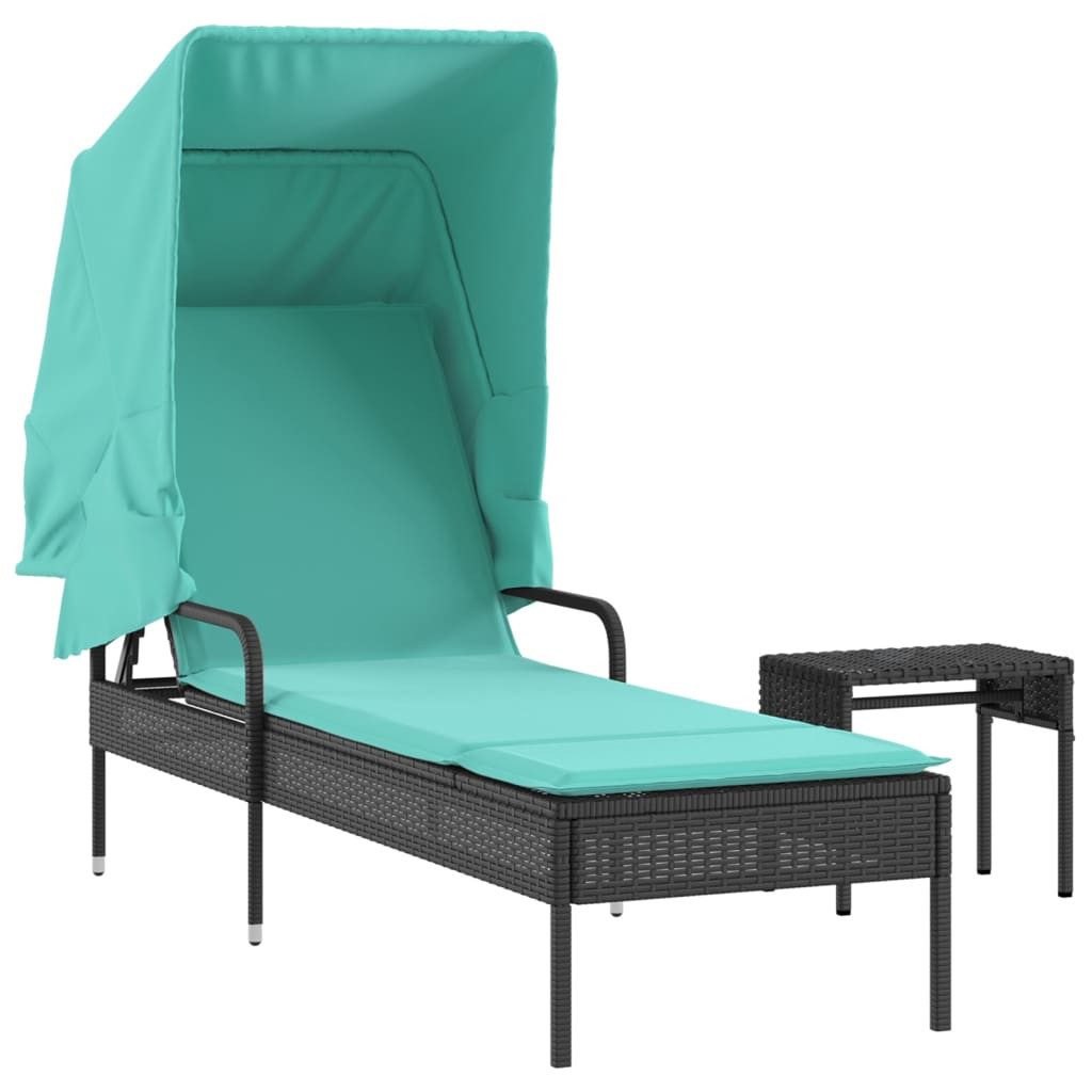 Gartenliege Sonnenliege mit Sonnendach und Tisch Schwarz Polyrattan