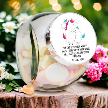 Mr. & Mrs. Panda Vorratsglas XL 2000ml Einhörner Umarmen - Weiß - Geschenk, Einhorn, Müslidose, BF, Premium Glas, (1-tlg), Herzmotiv