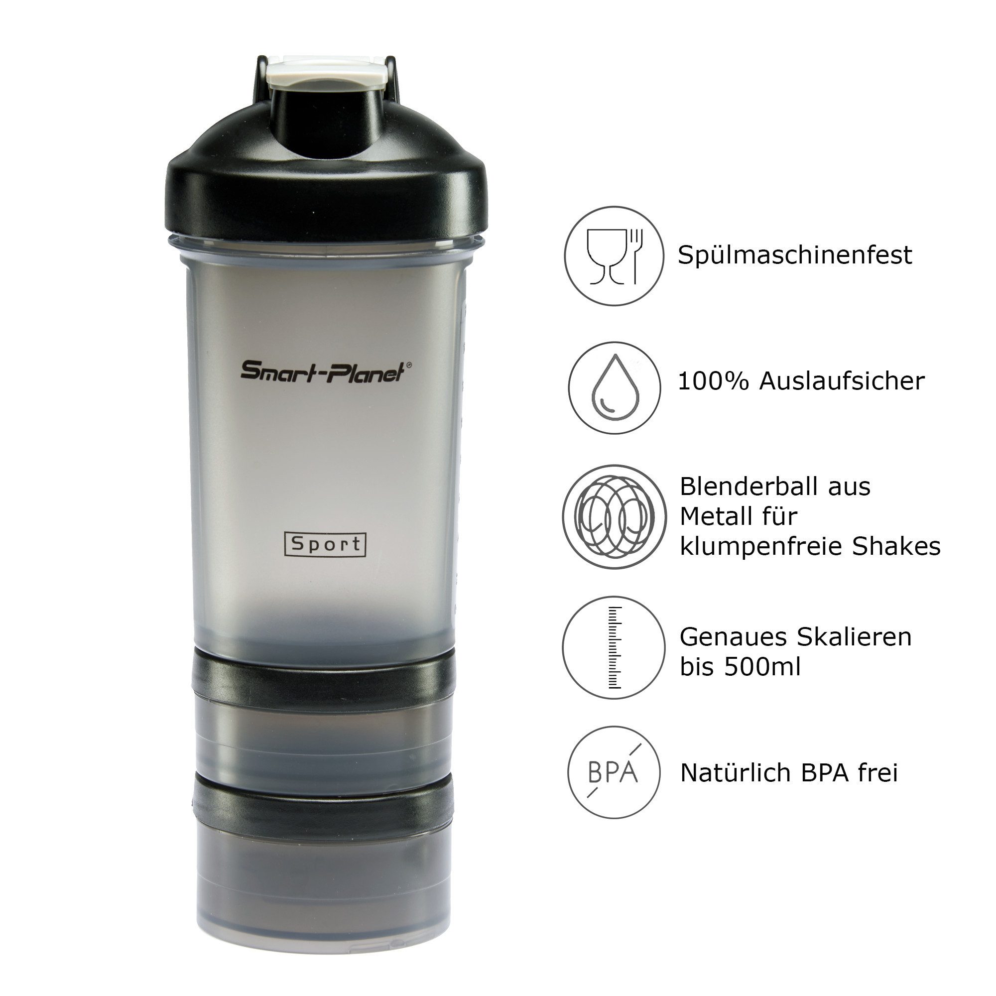 Smart-Planet Protein Shaker Protein Shaker Smart-Planet 500ml mit extra Pillenfach und Pulver Dose, 500ml, Pillendose, Pulverfach