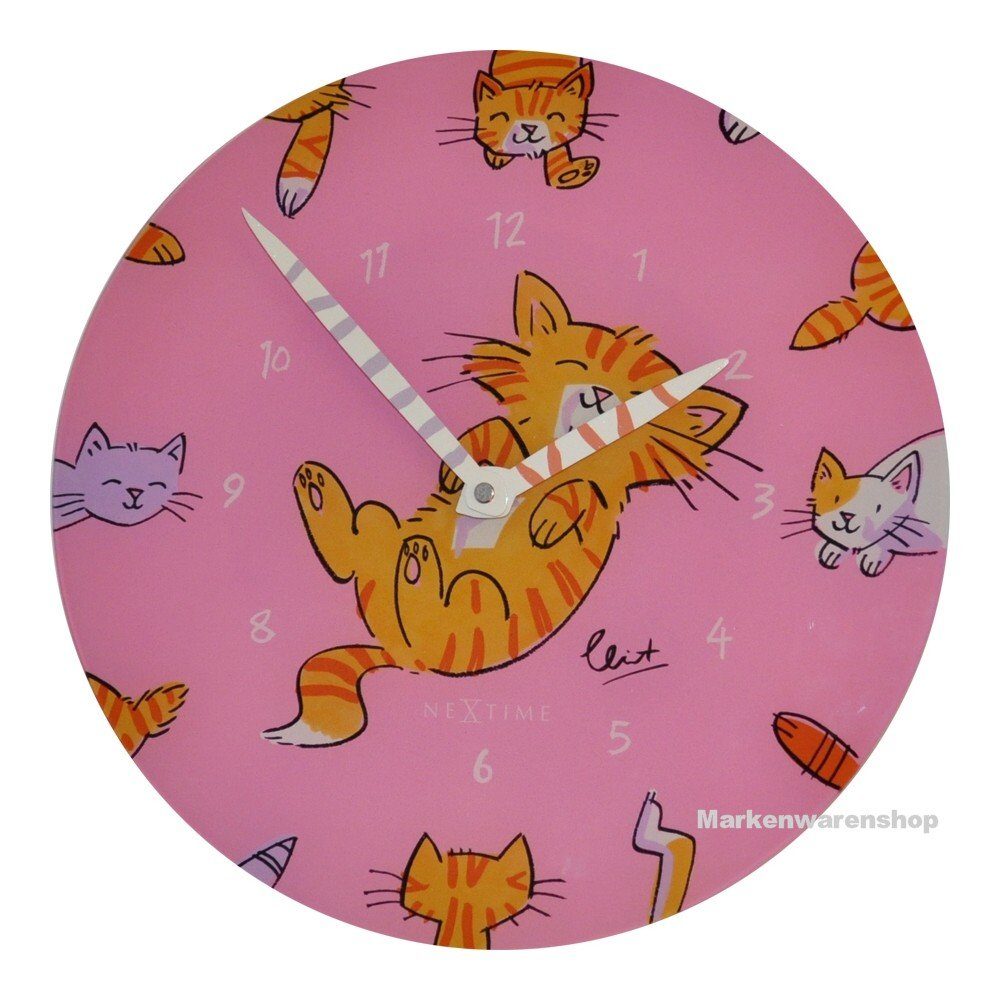NEXTIME Wanduhr Wanduhr Kinderzimmeruhr Modern Katze Kater Pink 30cm Nextime 8810 | Wanduhren