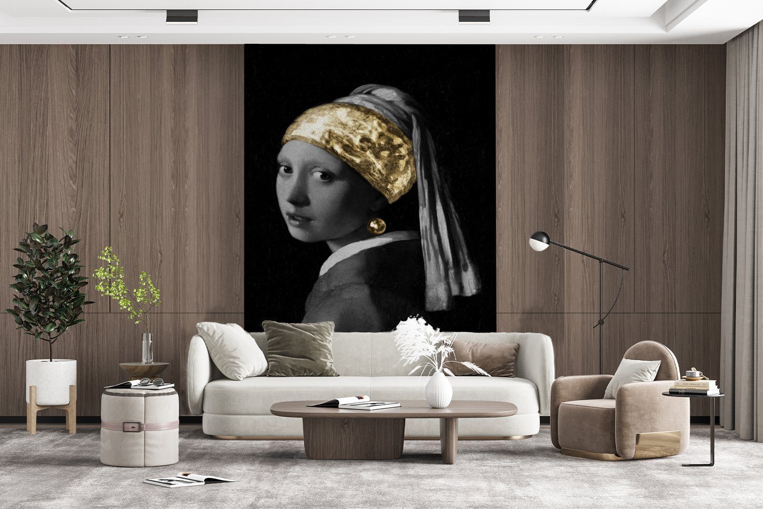 Tapete Vinyl Fototapete Gold, für MuchoWow - - Wohnzimmer, Montagefertig bedruckt, St), Johannes Mädchen Matt, Perlenohrring (3 Wandtapete einem Vermeer mit