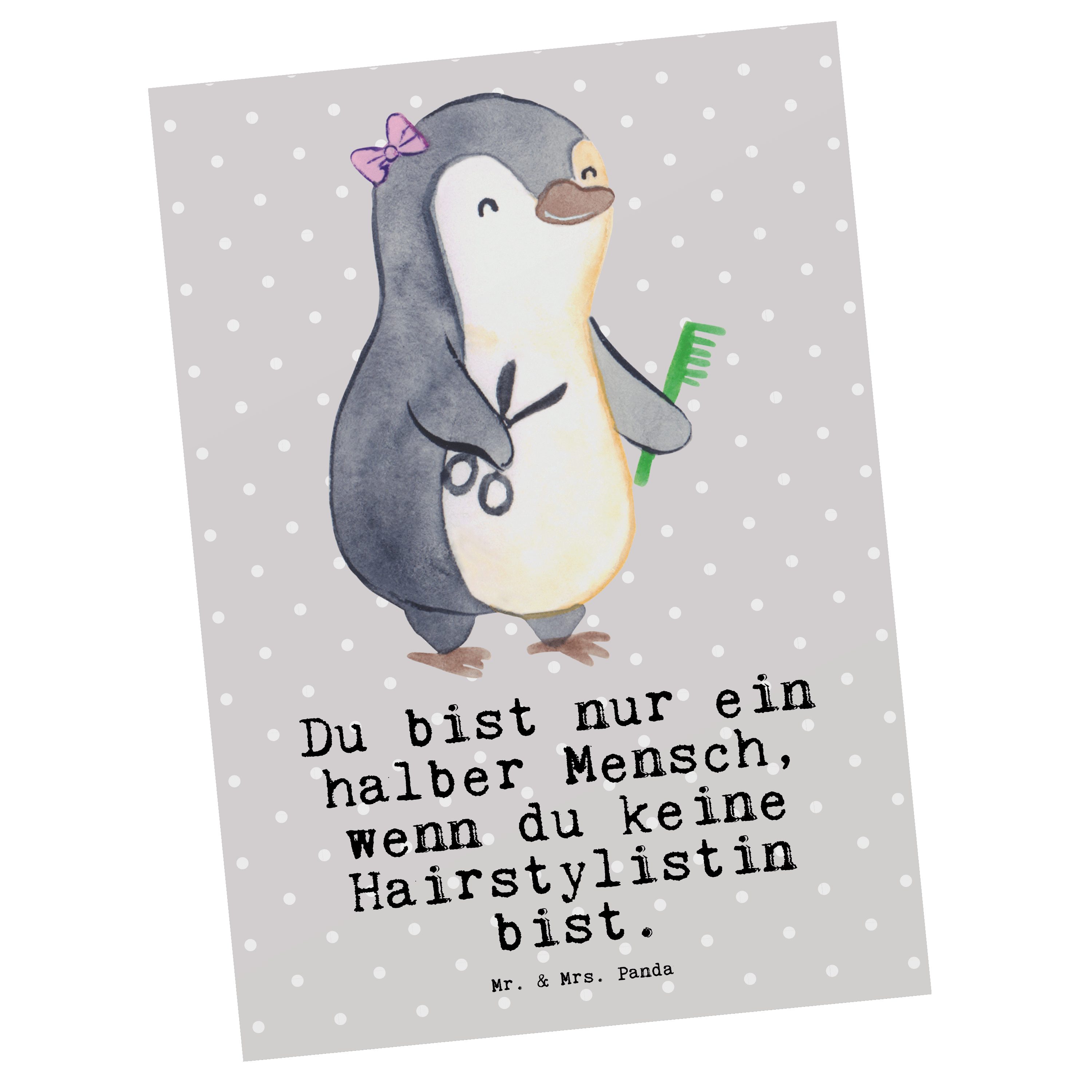 Postkarte mit Panda Pastell Geschenk, - Hairstylistin Geschenkkarte, Dank - Grau Herz & Mrs. Mr.