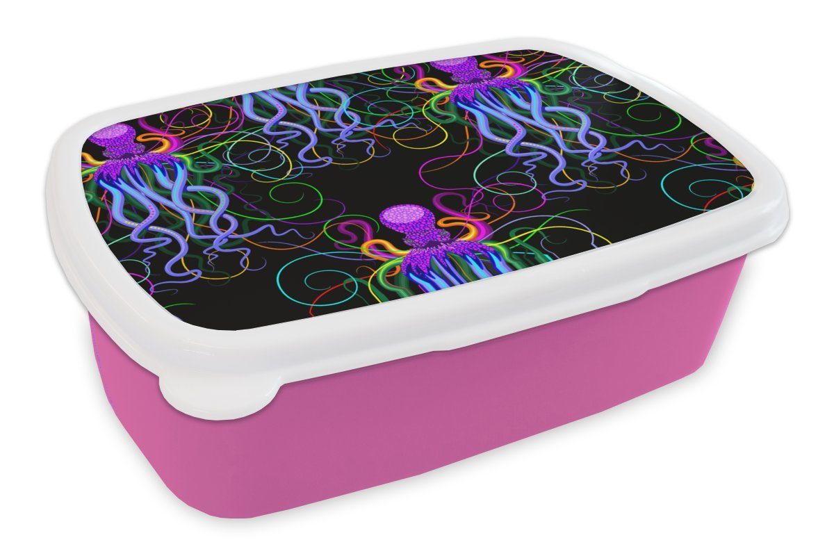 für Kunststoff, Erwachsene, Brotbox Muster, Kunststoff (2-tlg), Abstrakt MuchoWow Neon Lunchbox Mädchen, - Brotdose - - rosa Kinder, Regenbogen Oktopus - Snackbox,