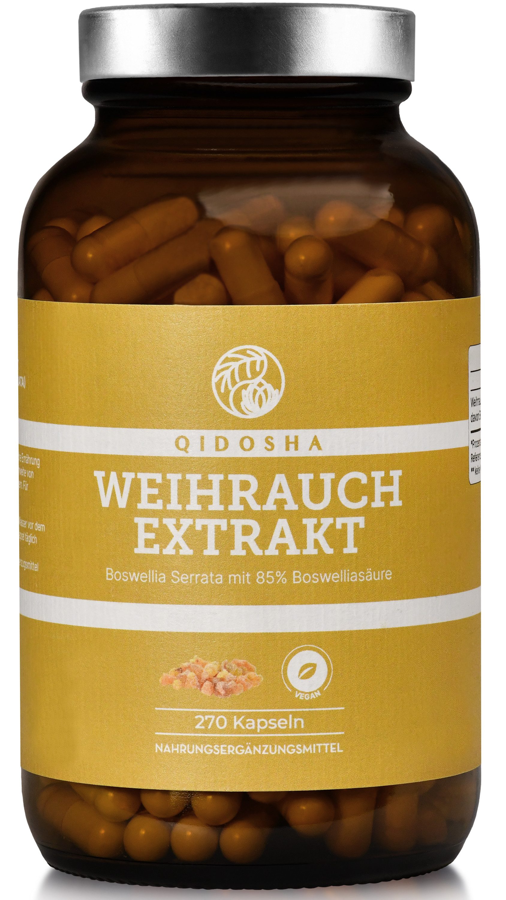 QIDOSHA Weihrauch (Boswellia Serrata 85) Extrakt Kapseln, TESTSIEGER 08/23*, 270 Stk/Glas, 85% Boswellia-Säure, 500mg Weihrauch Extrakt/Kapsel, Weihrauch Kapseln hochkonzentriert à 270 St., 165 g
