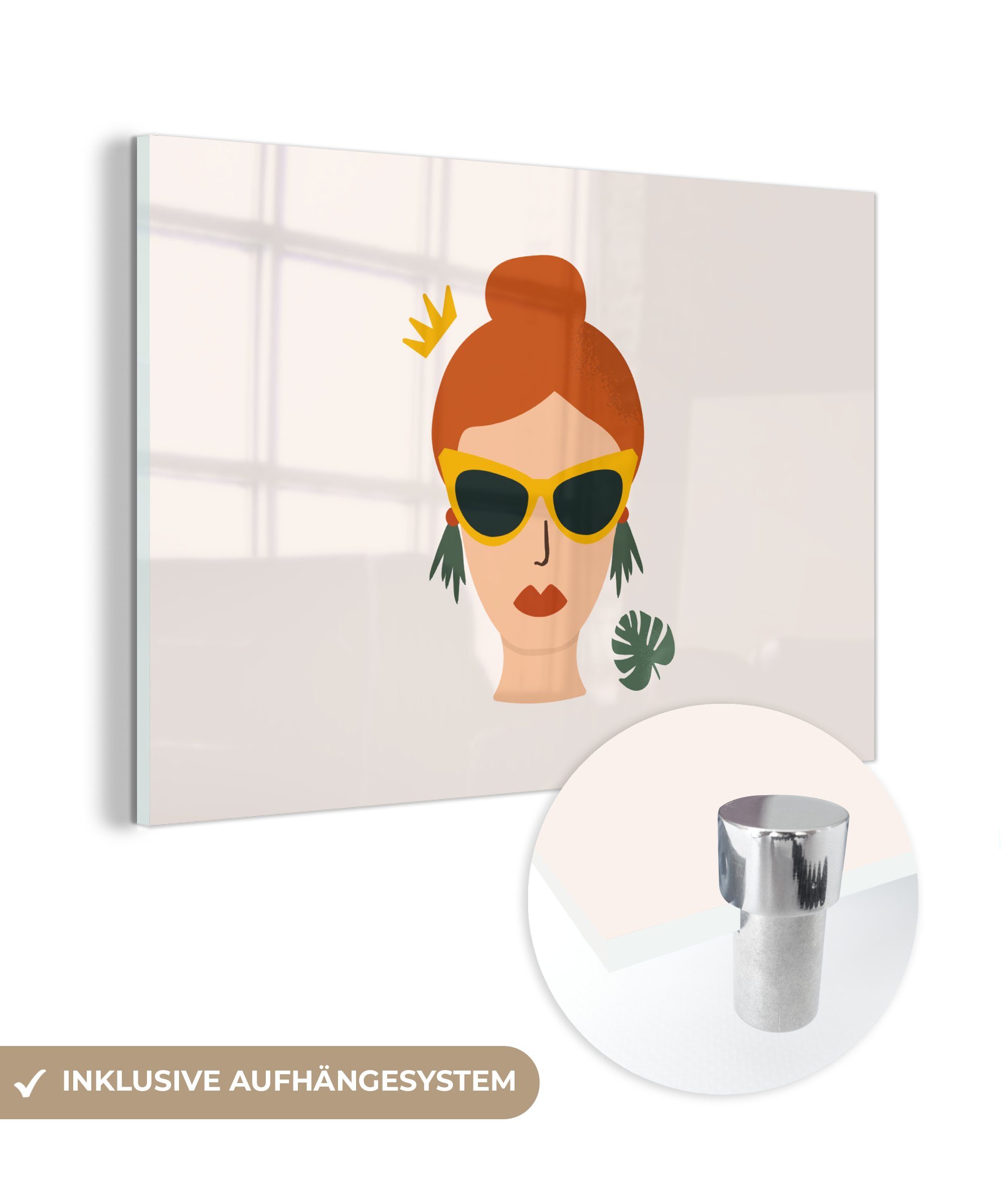 Wohnzimmer Krone Acrylglasbild - St), Porträt, Schlafzimmer - (1 & Acrylglasbilder Monstera - MuchoWow Frau