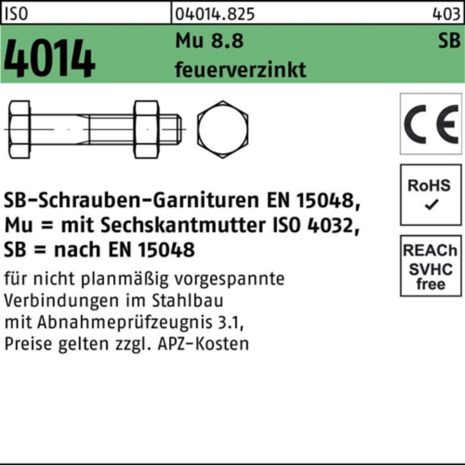 Bufab Sechskantschraube 150 8.8 ISO Sechskantschraube Pack feuer 4014 Schaft/Mutter 100er M24x