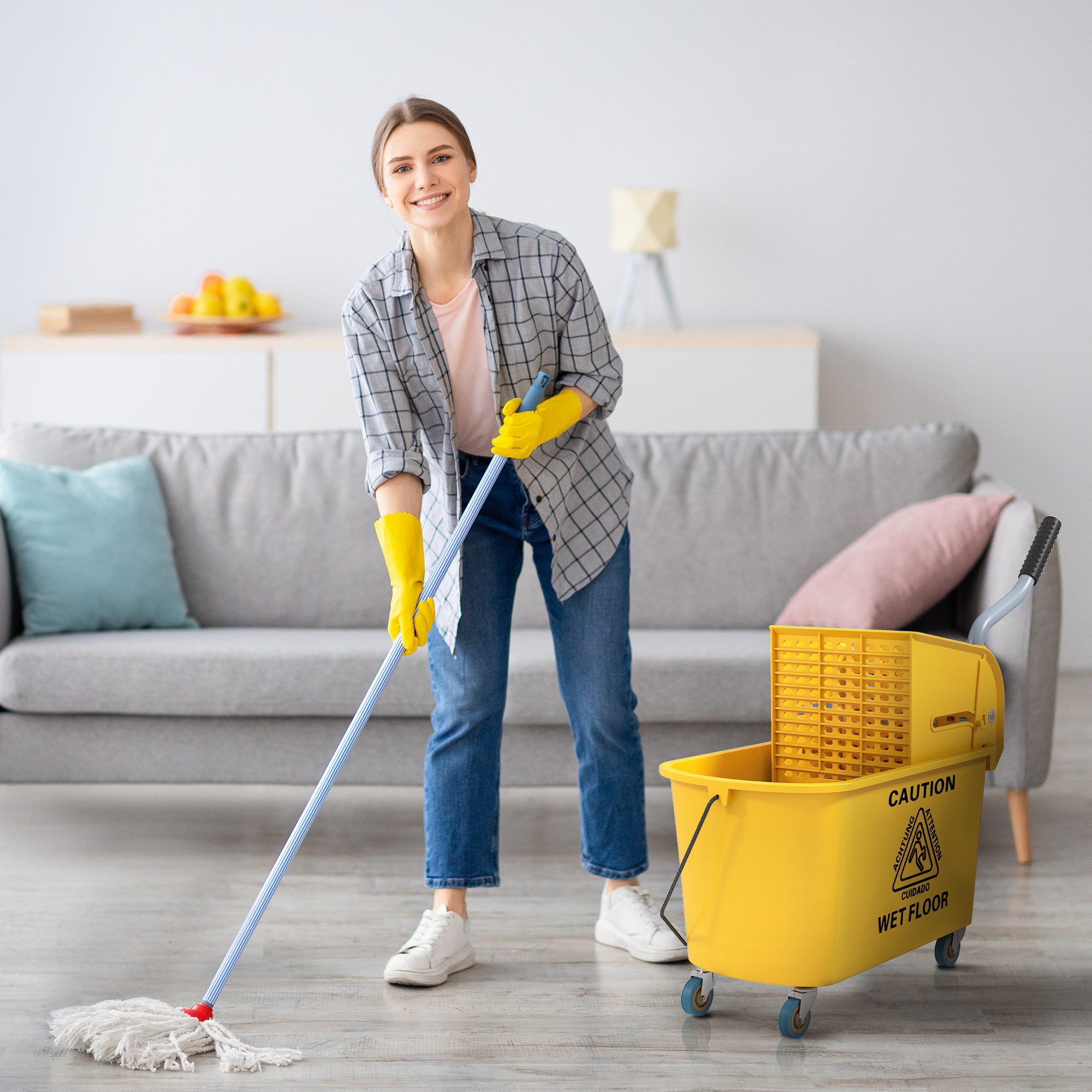 HOMCOM Візки для прибирання Wischeimer mit Wringer auf Rädern zur Bodenreinigung, (Reinigungswagen, 1-St., Moppeimer), 20 Liter Seitenpress-Wringer mit Griff und Wischmopp, Gelb