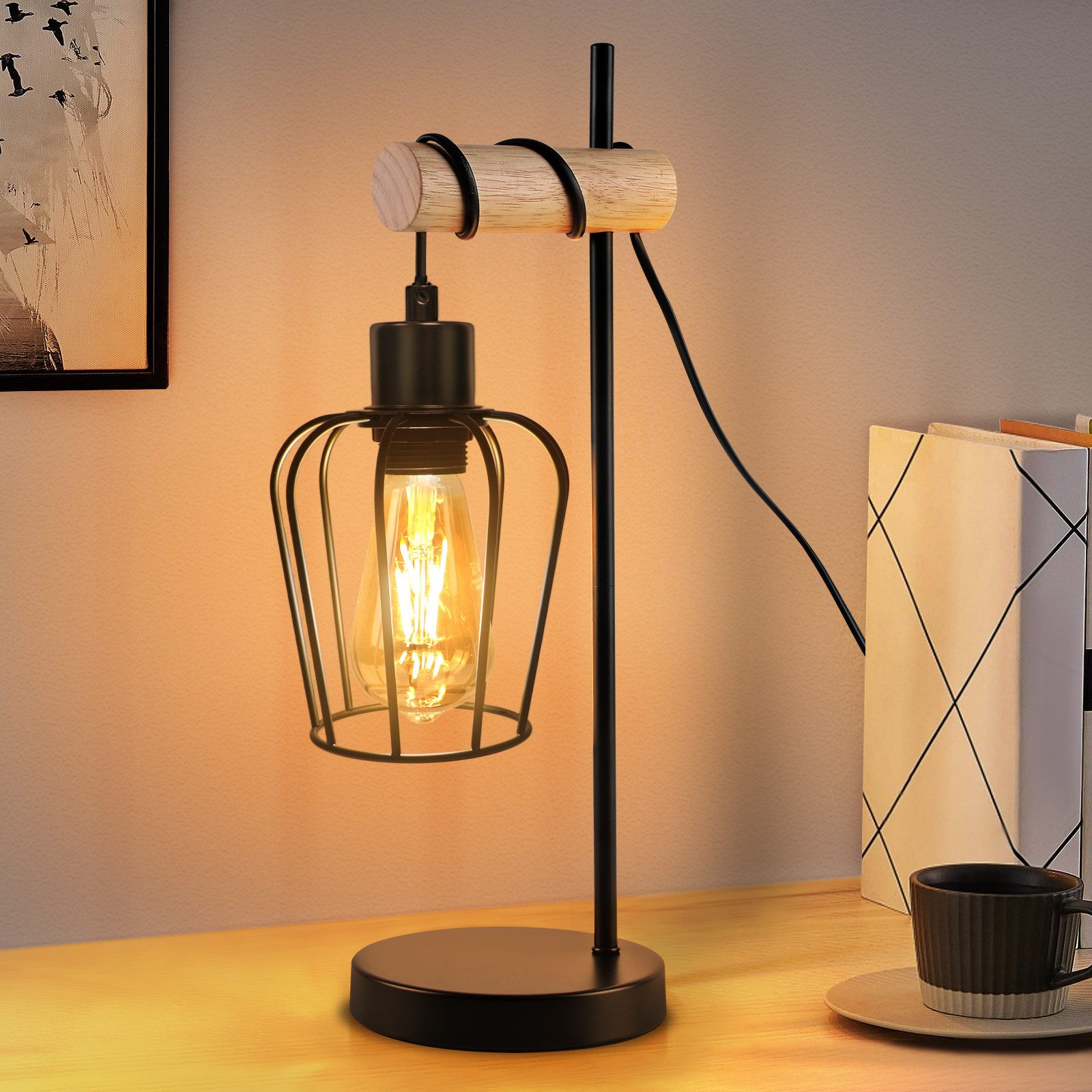 ZMH Tischleuchte Wohnzimmer Retro Schwarz-Holz Nachttischlampe günstig online kaufen