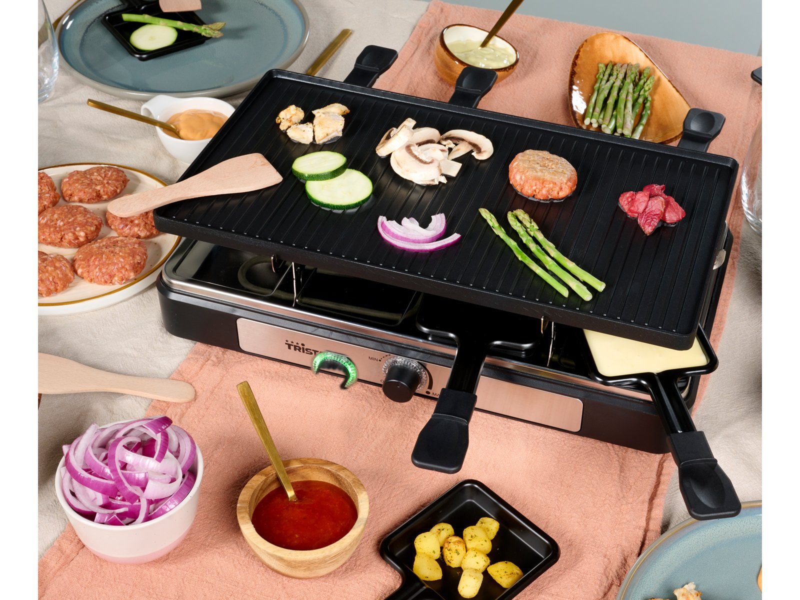 Tristar Raclette, 8 Raclettepfännchen, 1400 W, Gerät für 2-8 Personen Tischgrill wendbare Grillplatte Teppanyaki
