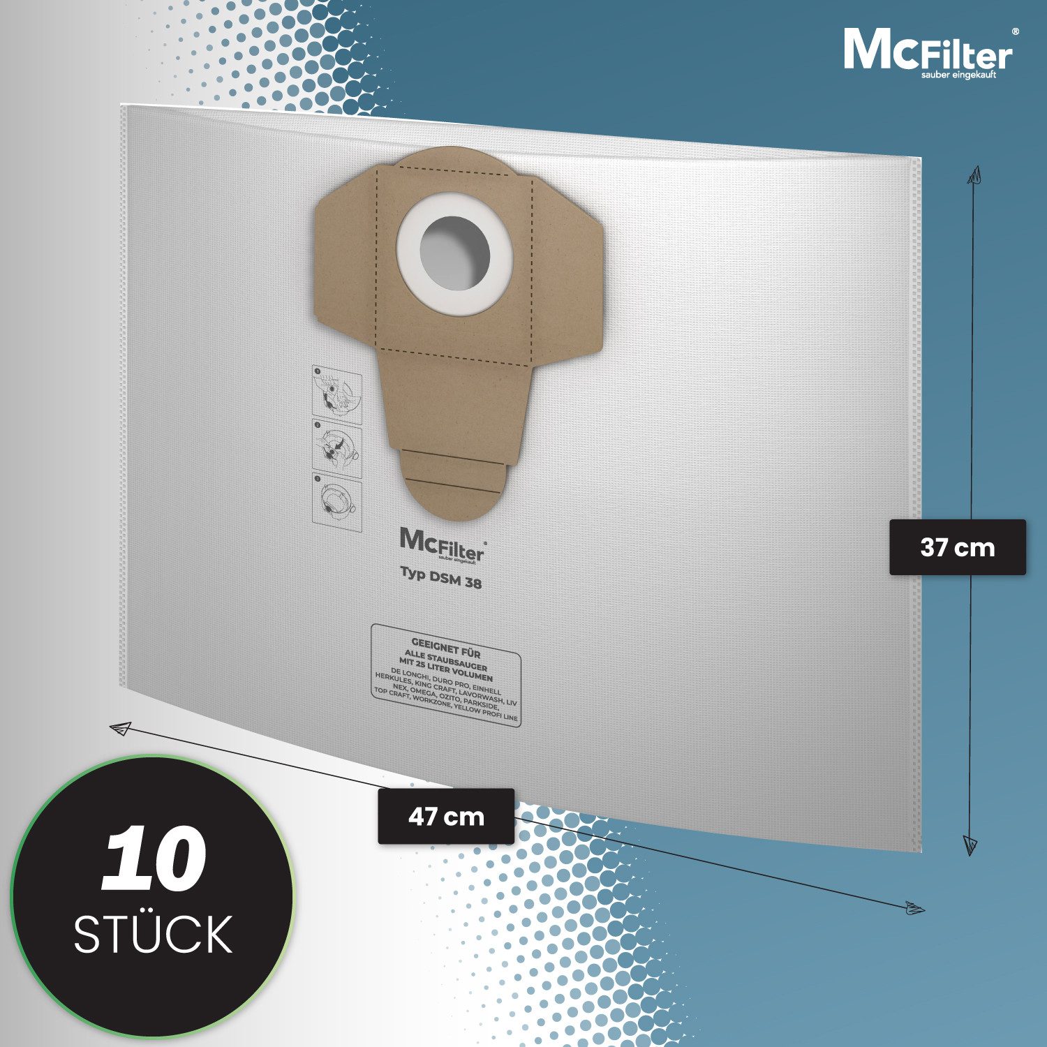 McFilter Staubsaugerbeutel (10 Stück) geeignet für Einhell, passend für ALLE Einhell 25 Liter Nass-Trockensauger, 10 St., Beutel - Typ DSM 38
