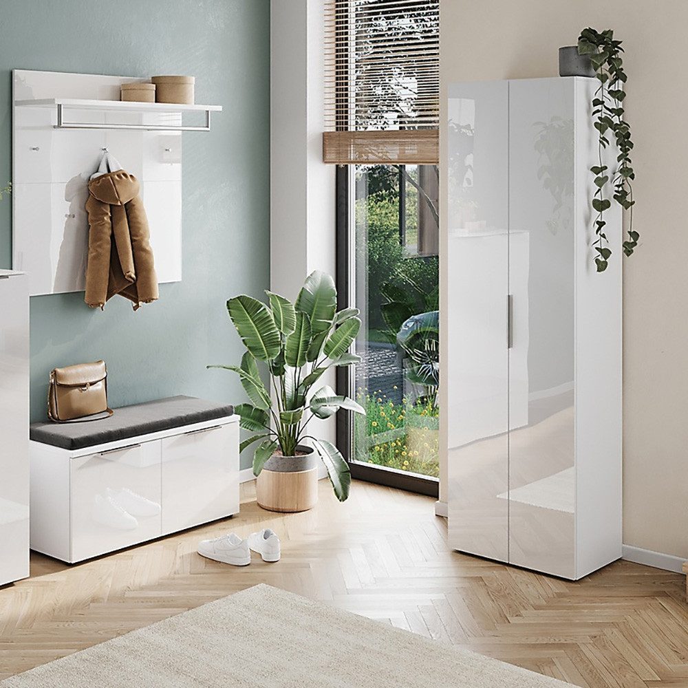 Lomadox Garderoben-Set GENEVA-01, (Spar-Set, 3-St., Garderobenpaneel Schuhbank Sitzpolster Garderobenschrank), weiß mit Glasfronten Kleiderstangen Schuhfächer Hutablage Sitzpolster