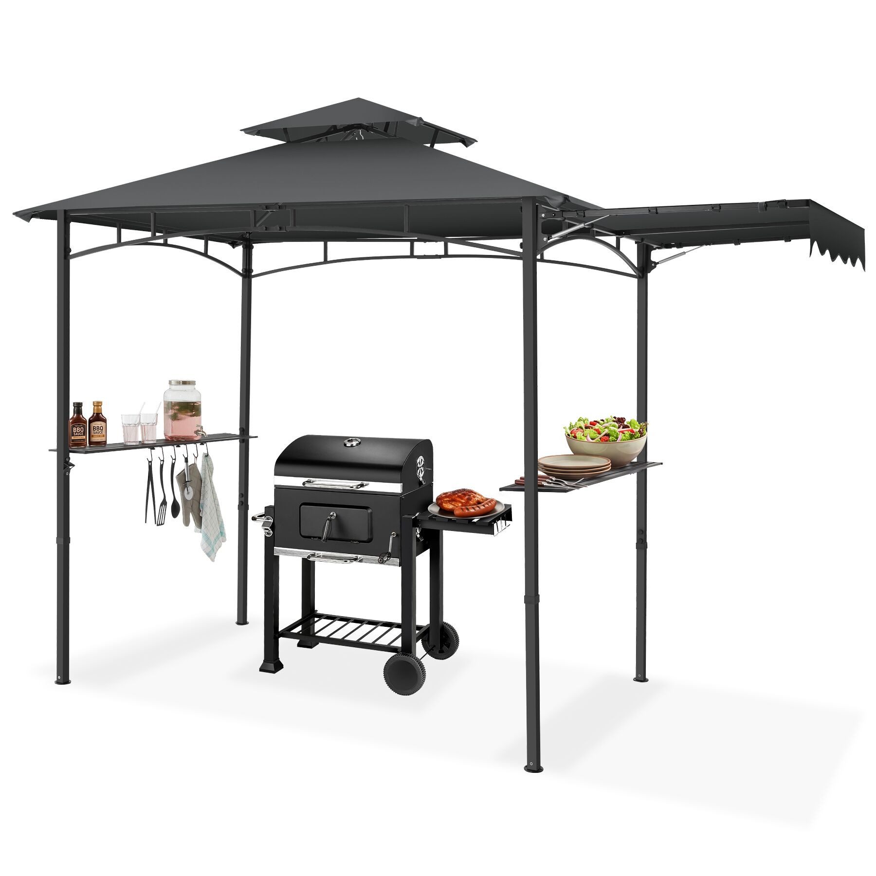tectake Pavillon Grillpavillon, inklusive 8 Heringen und 6 Haken, 316 x 150 x 250 cm, mit 2 Seitenteilen, (Grillüberdachung Maracaibo, in anthrazit), wetterfest mit UV-Schutz, klappbare Markise, seitliche Gitterablagen