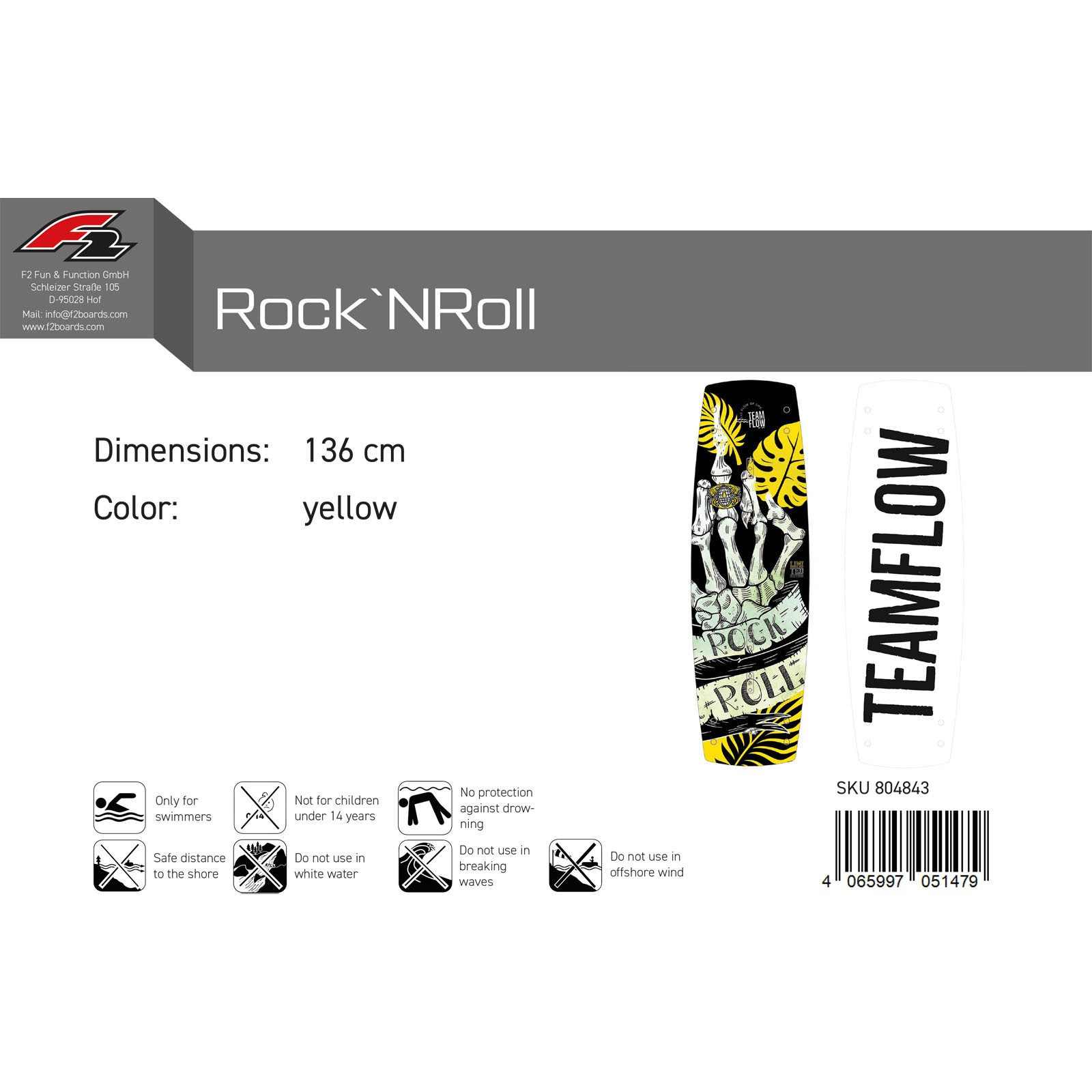 F2 Wakeboard F2 Wakeboard Rock`N´Roll Team Flow 136 cm Gelb 2025, Wakeboard