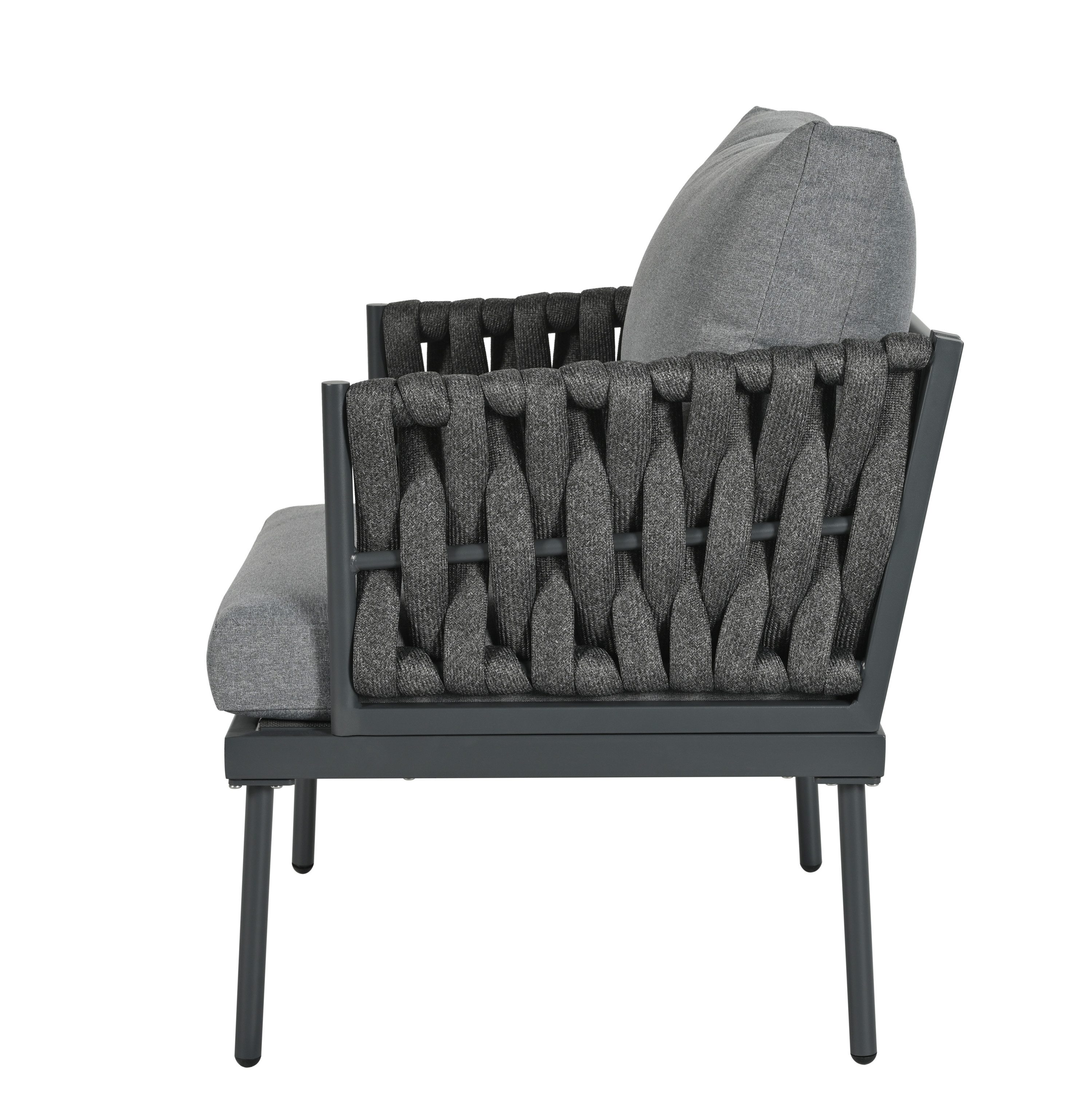 MODFU Gartenlounge-Set Outdoor-Möbelset, (Garten-Lounge-Set, Gartenmöbel-Set, Outdoor-Sofa-Set, Balkonset, 4-tlg., 3er Sofa, 2 Sessel und Couchtisch), Glastischplatte, geflochtene Seilarmlehnen, verzinkter Stahl