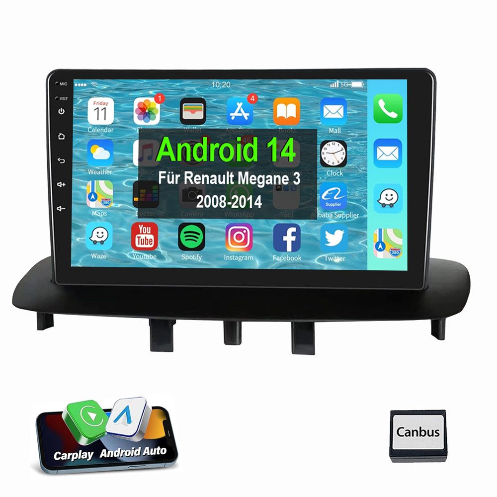 Für Renault Megane 3 2008-2014 Android 14 CarPlay Autoradio Autoradio