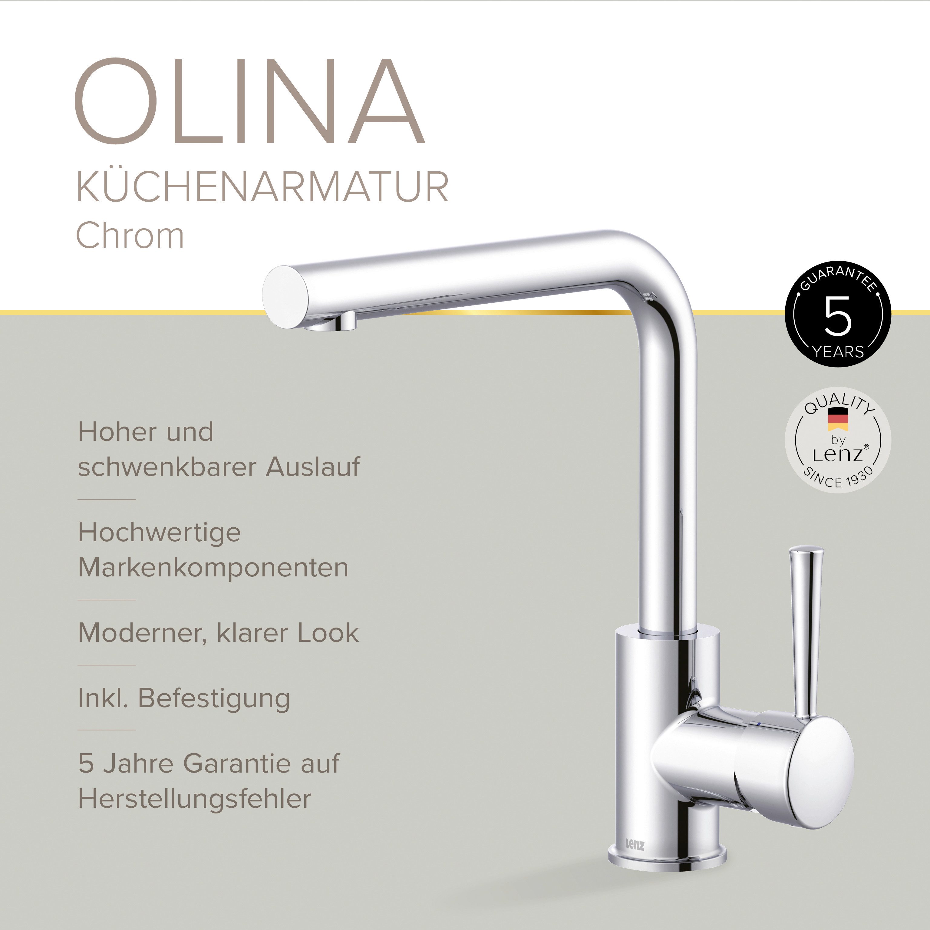 Lenz Küchenarmatur OLINA (360° Schwenkbar mit hohem Auslauf) Komfortable Höhe & 360°-Schwenkfunktion